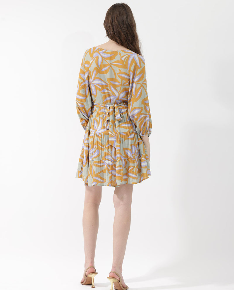 Rareism Women'S Walter Light Multi Cotton Fabric 3/4Th Sleeves Over Lap Raglan Sleeve Regular Fit Abstract Print Knee Length Dress