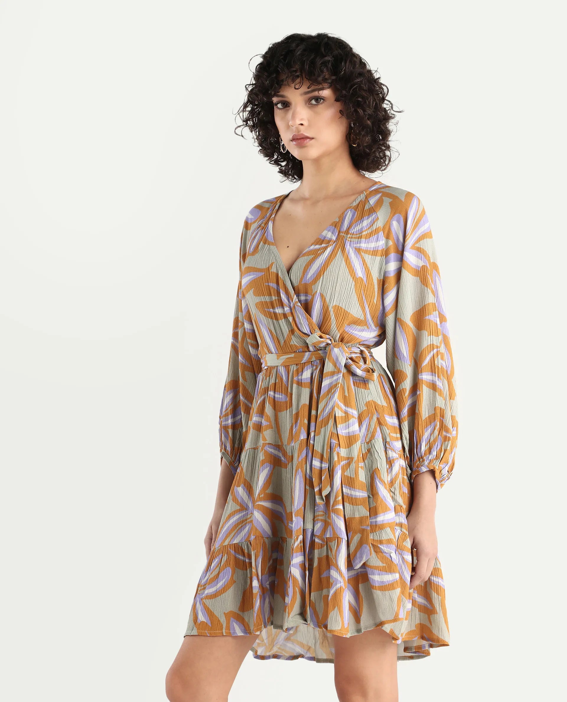 Rareism Women's Walter Light Multi Viscose Overlap Neck Abstract Print Raglan Sleeve Mini Fit And Flare Dress