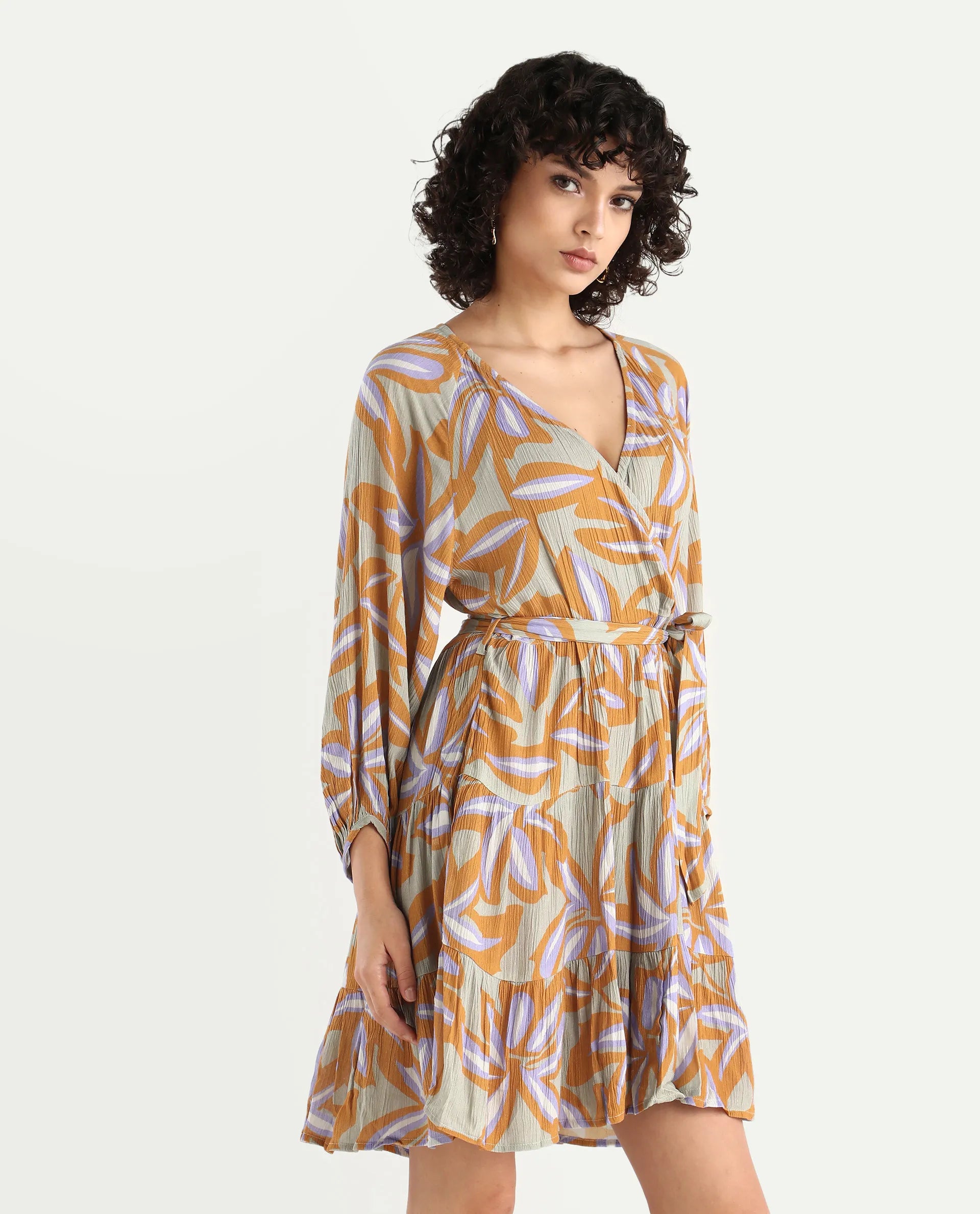 Rareism Women's Walter Light Multi Viscose Overlap Neck Abstract Print Raglan Sleeve Mini Fit And Flare Dress