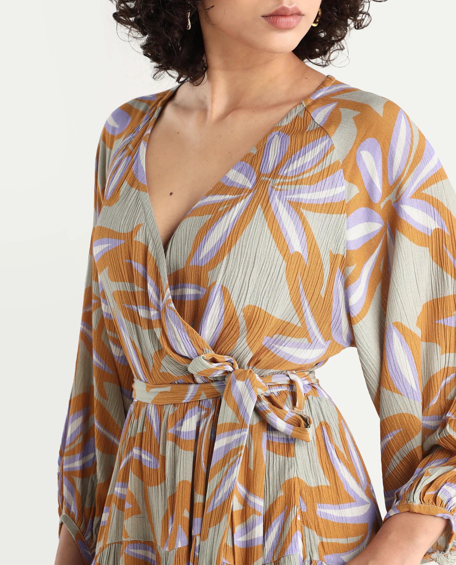 Rareism Women's Walter Light Multi Viscose Overlap Neck Abstract Print Raglan Sleeve Mini Fit And Flare Dress