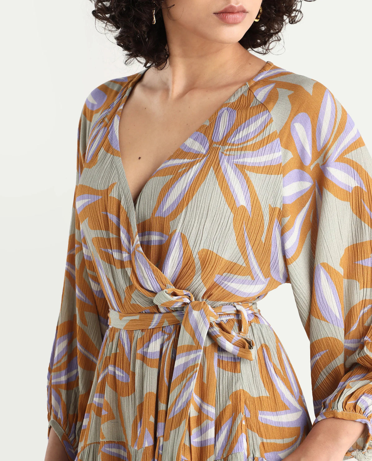 Rareism Women's Walter Light Multi Viscose Overlap Neck Abstract Print Raglan Sleeve Mini Fit And Flare Dress