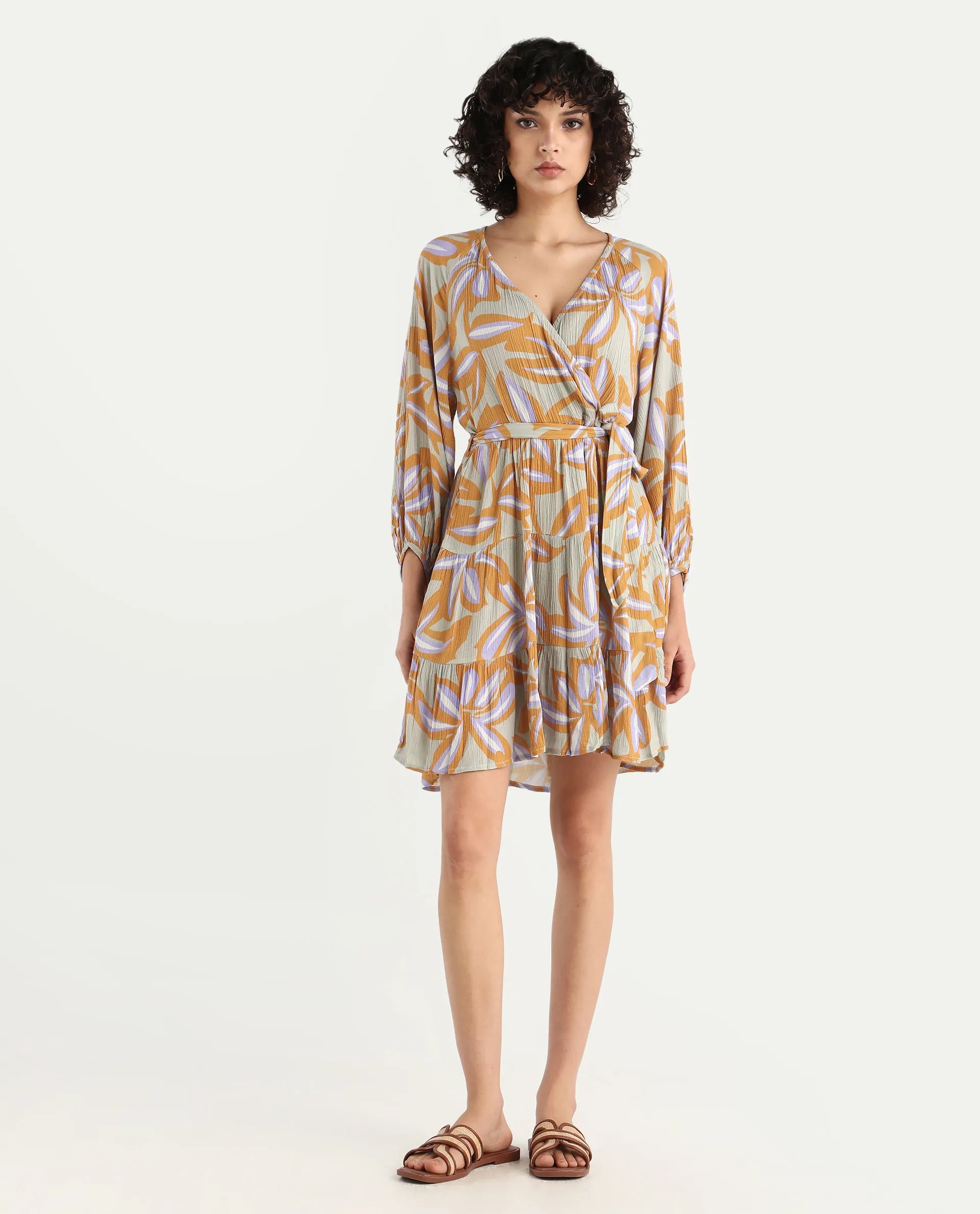 Rareism Women's Walter Light Multi Viscose Overlap Neck Abstract Print Raglan Sleeve Mini Fit And Flare Dress