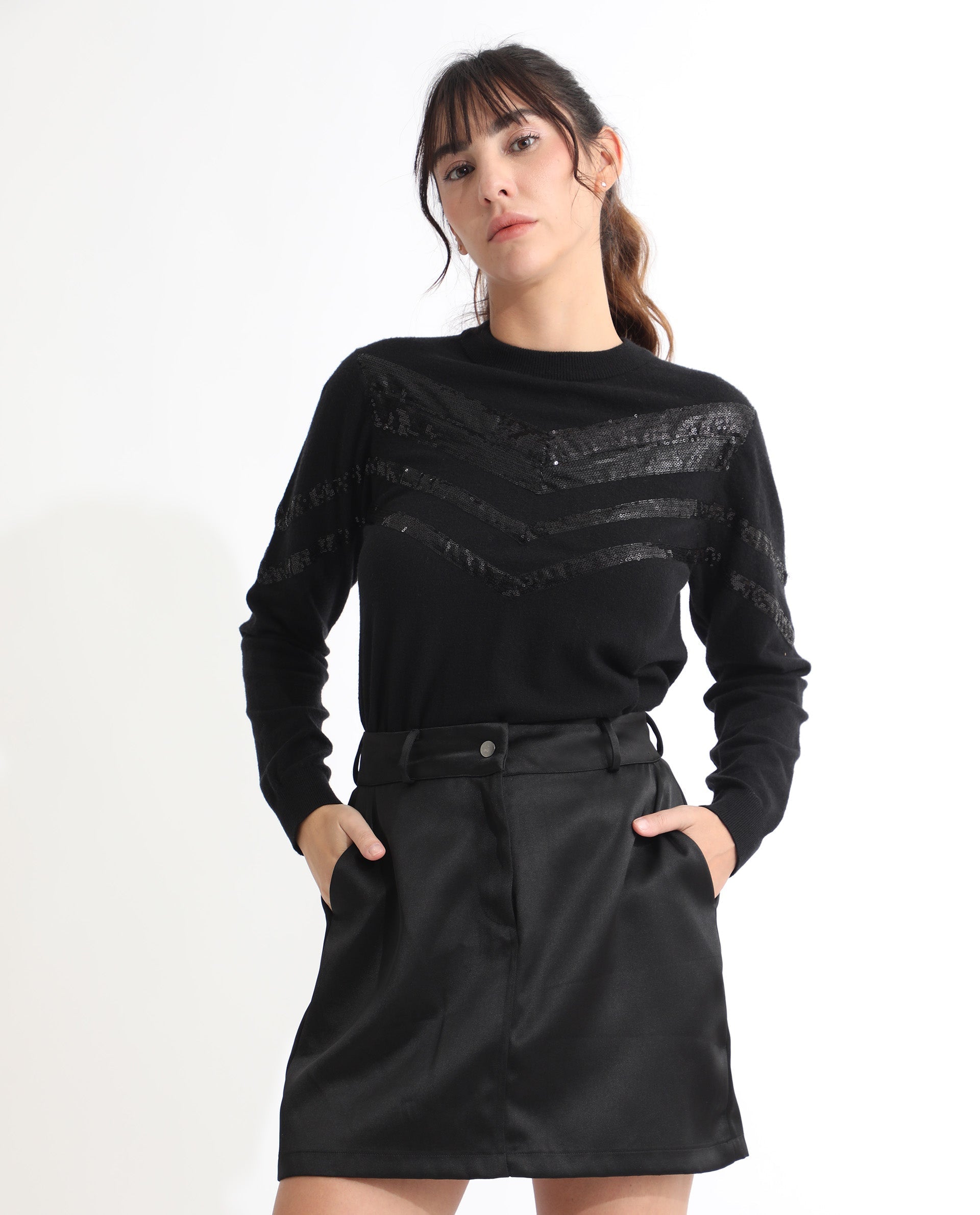 Rareism Women's Warher Black Polyester Plain Mini Regular Fit Skirt