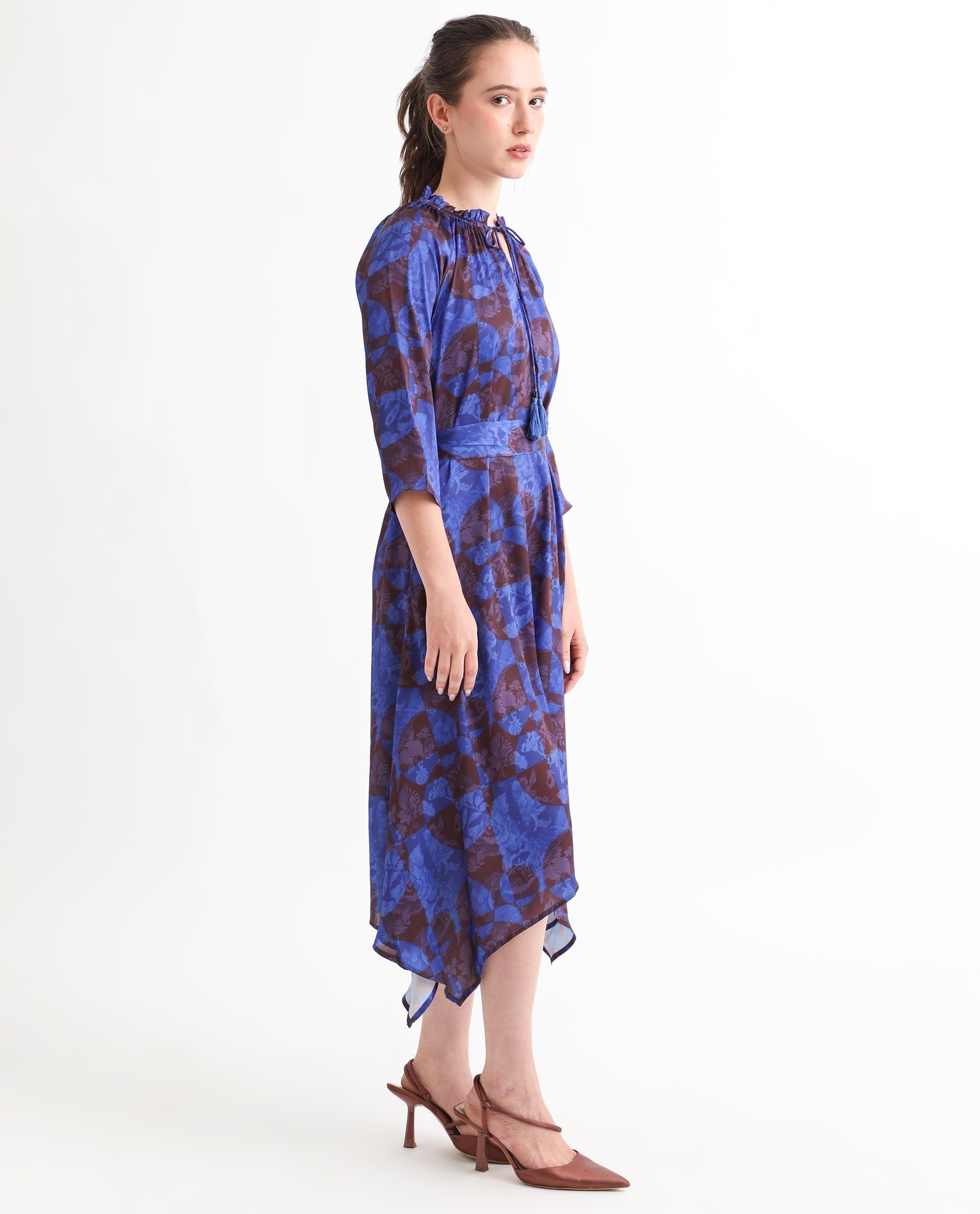 Rareism Women's Watson Brown Polyester Tie-Up Neck Floral Print Knee Length Regular Fit Dress