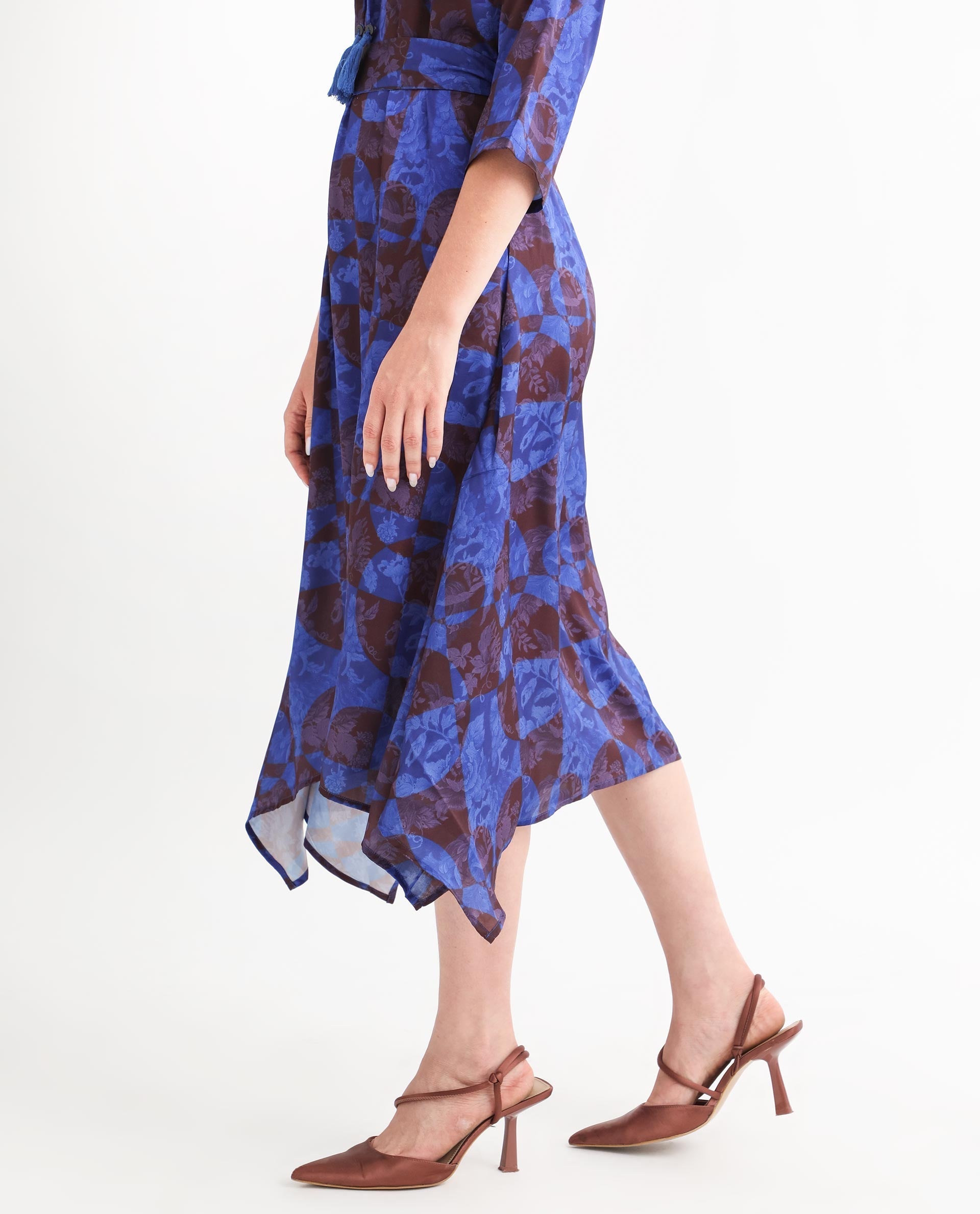 Rareism Women's Watson Brown Polyester Tie-Up Neck Floral Print Knee Length Regular Fit Dress