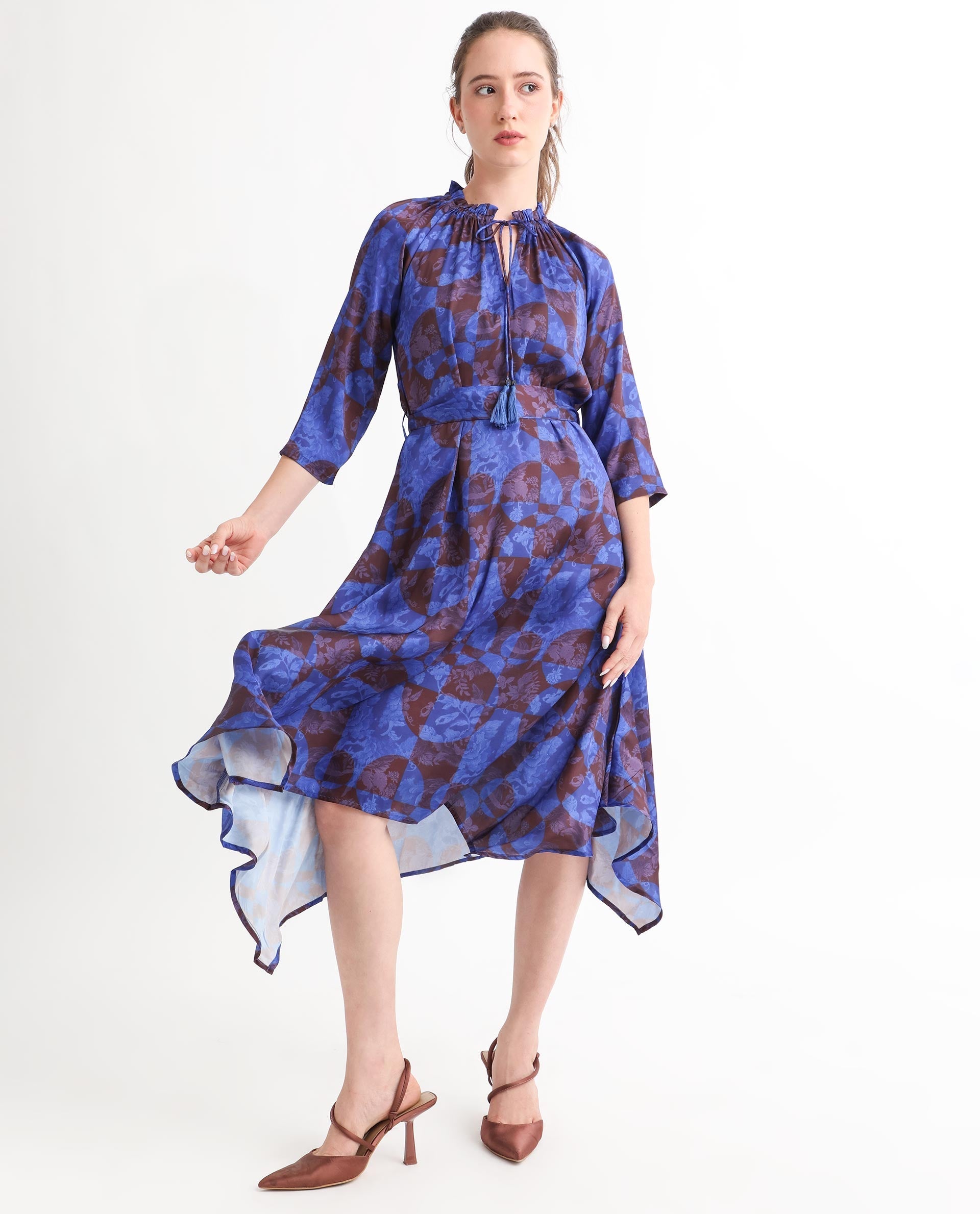 Rareism Women's Watson Brown Polyester Tie-Up Neck Floral Print Knee Length Regular Fit Dress