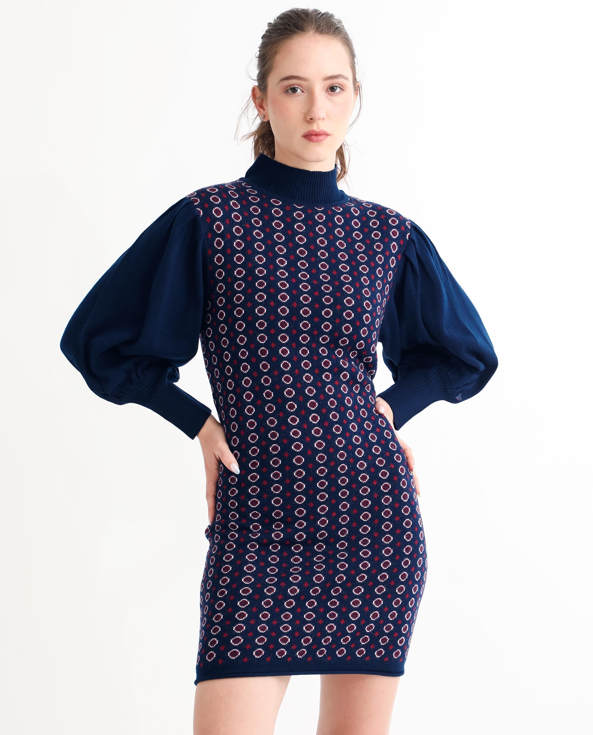 Rareism Women's Web Navy Acrylic High Neck Geometric Print Bishop Sleeve Knee Length Regular Fit Sweater