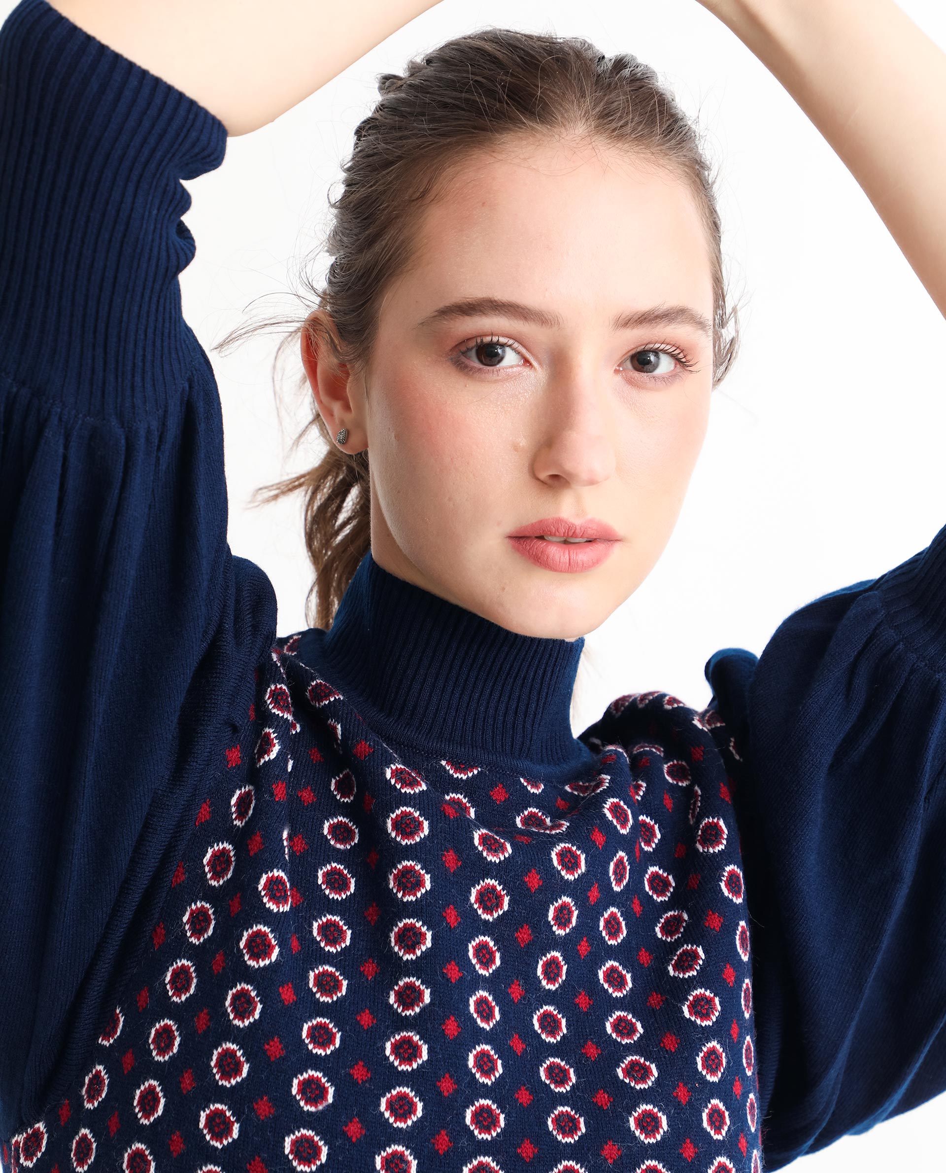 Rareism Women's Web Navy Acrylic High Neck Geometric Print Bishop Sleeve Knee Length Regular Fit Sweater