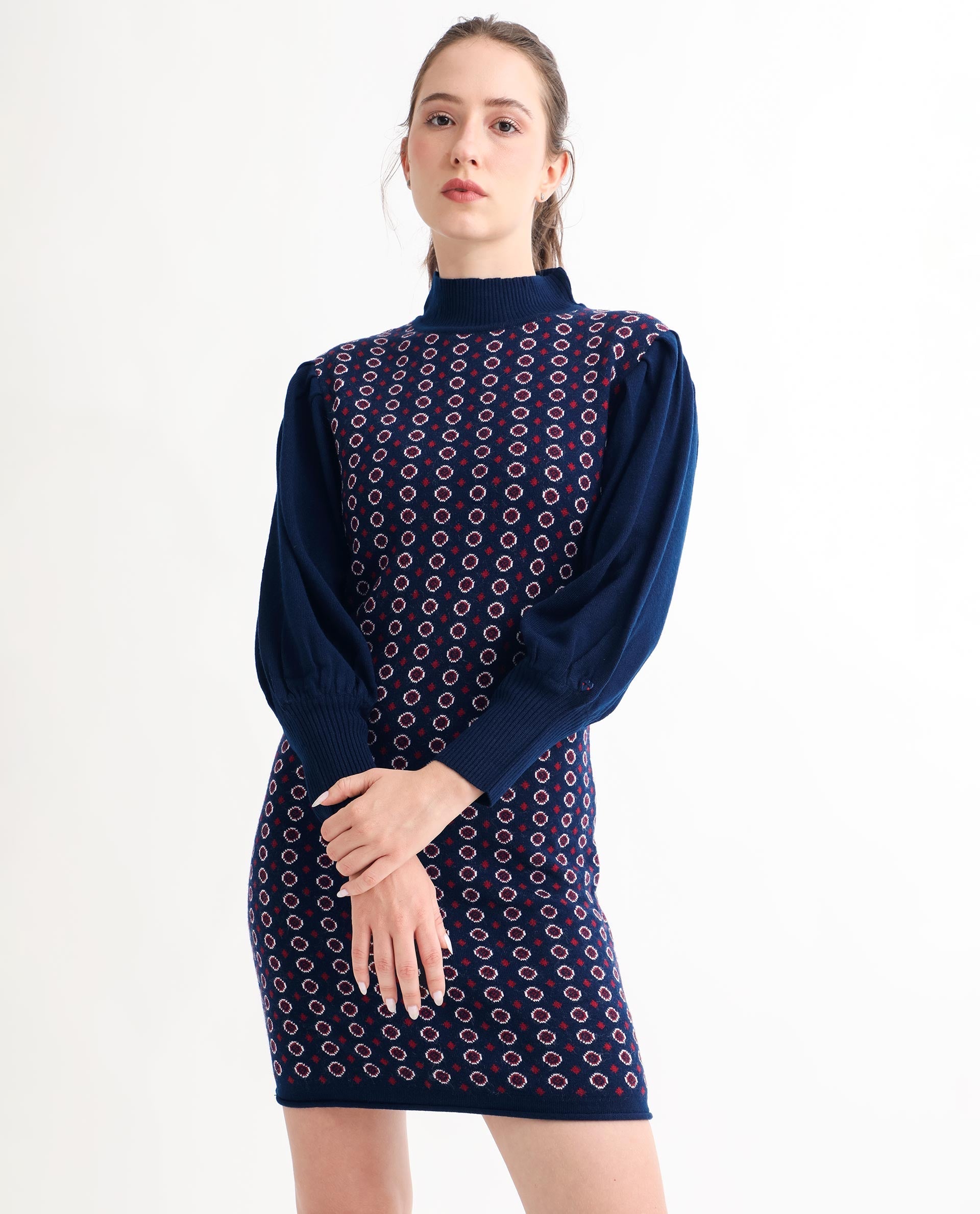 Rareism Women's Web Navy Acrylic High Neck Geometric Print Bishop Sleeve Knee Length Regular Fit Sweater