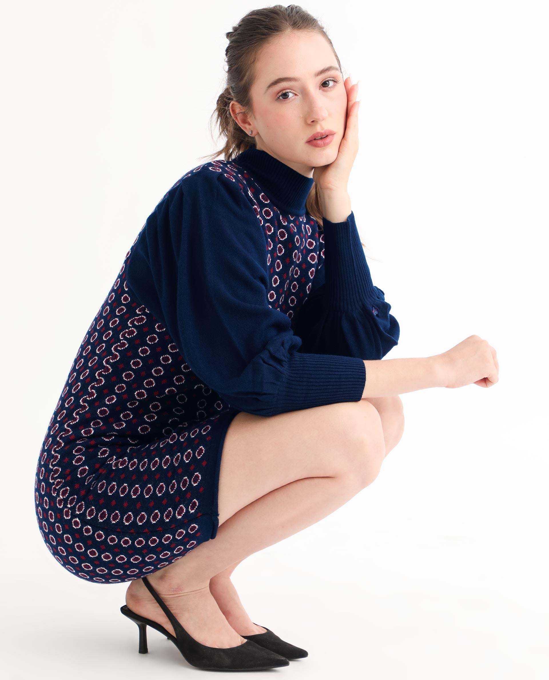 Rareism Women's Web Navy Acrylic High Neck Geometric Print Bishop Sleeve Knee Length Regular Fit Sweater
