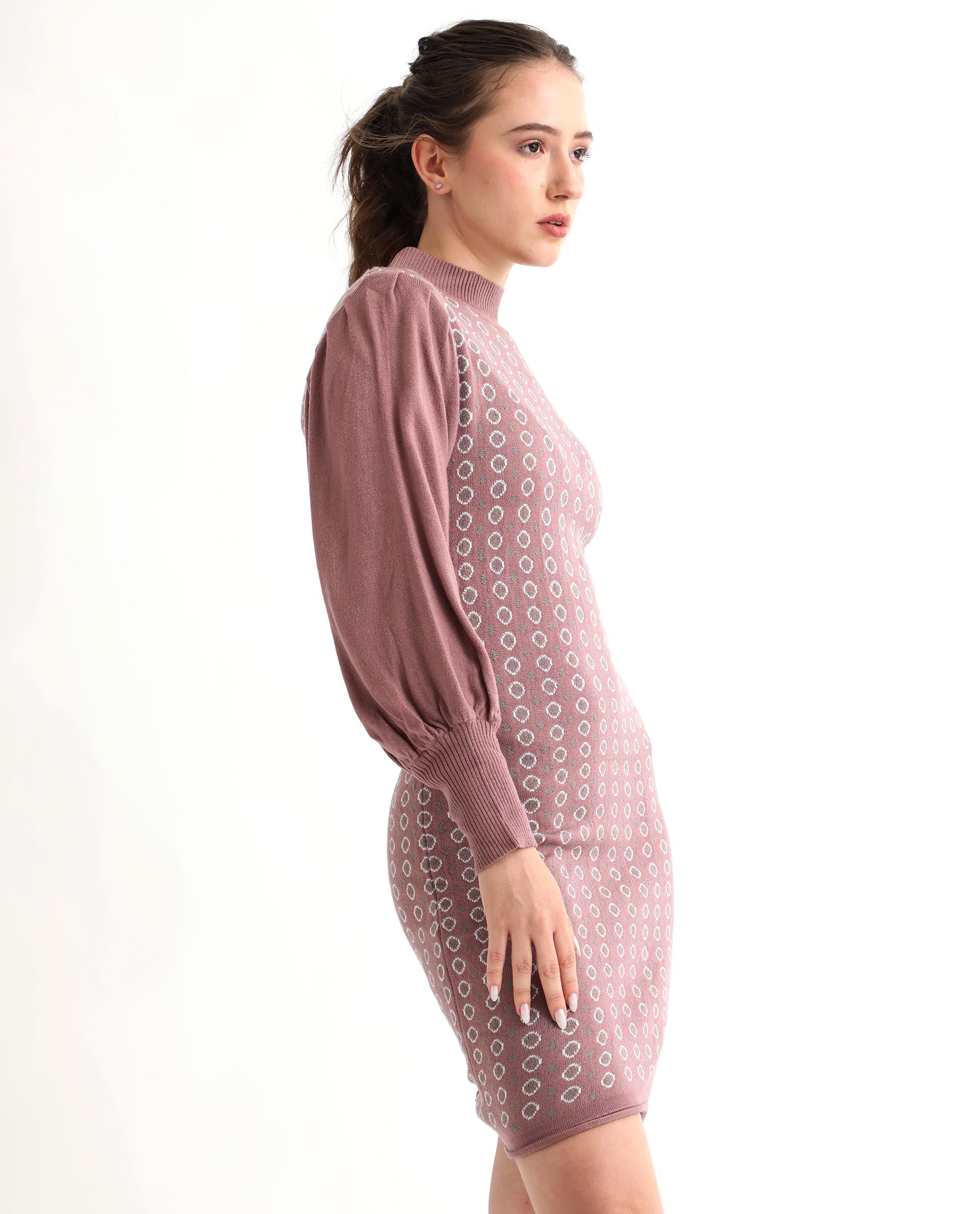 Rareism Women's Web Pink Acrylic High Neck Geometric Print Bishop Sleeve Knee Length Regular Fit Sweater