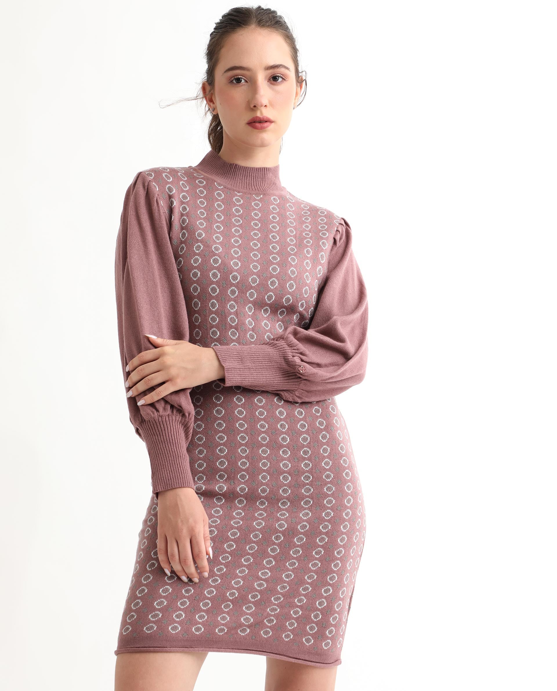 Rareism Women Web Pink Acrylic Fabric Full Sleeves Knee Length Regular Fit Geometric Print High Neck Sweater