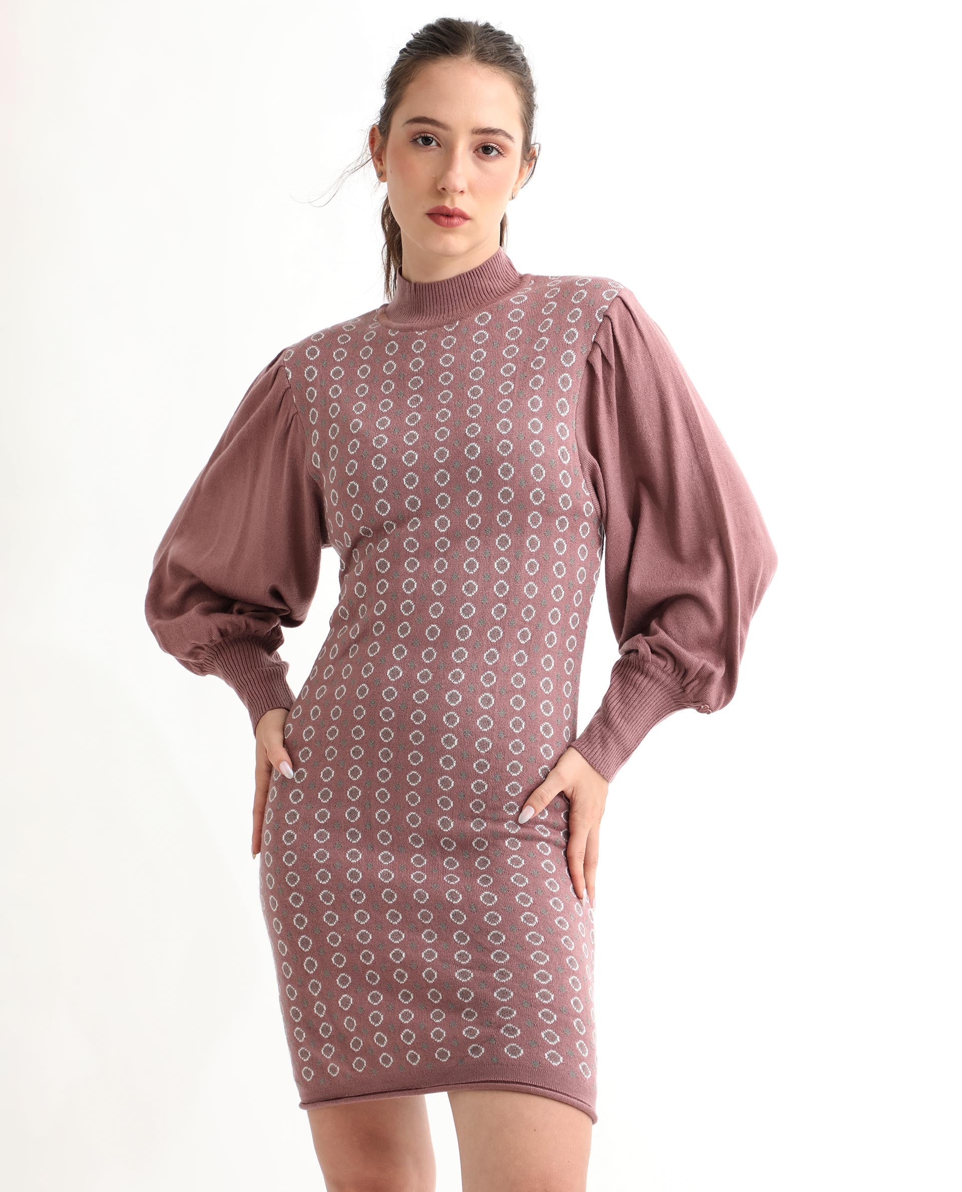 Rareism Women Web Pink Acrylic Fabric Full Sleeves Knee Length Regular Fit Geometric Print High Neck Sweater