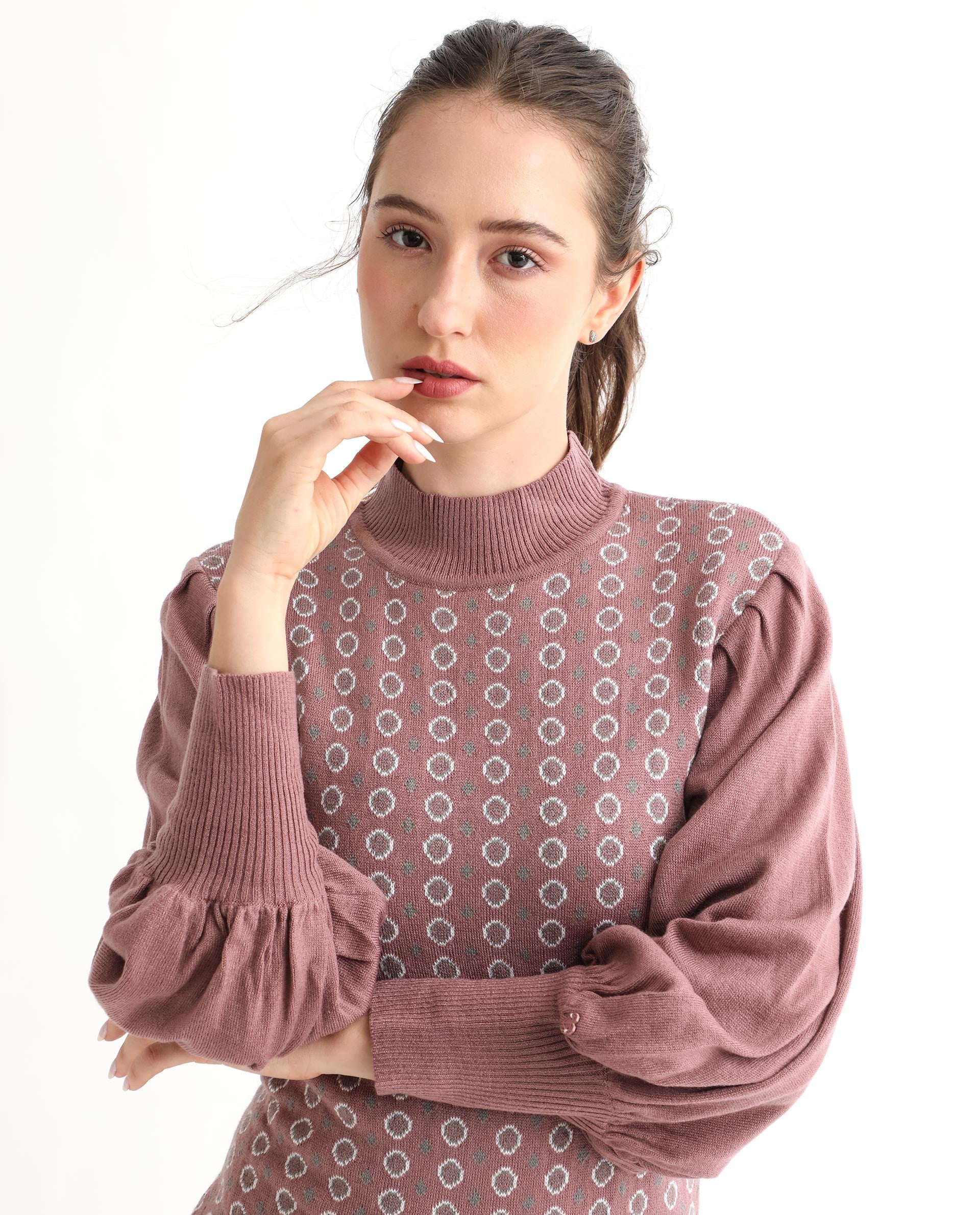 Rareism Women's Web Pink Acrylic High Neck Geometric Print Bishop Sleeve Knee Length Regular Fit Sweater