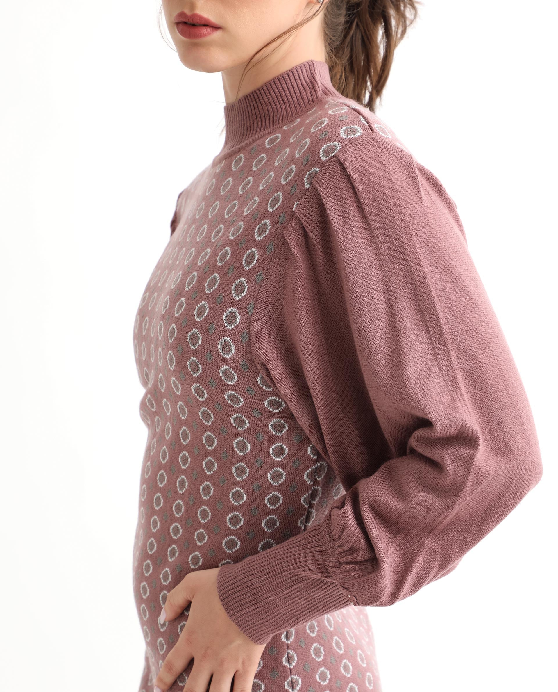 Rareism Women's Web Pink Acrylic High Neck Geometric Print Bishop Sleeve Knee Length Regular Fit Sweater