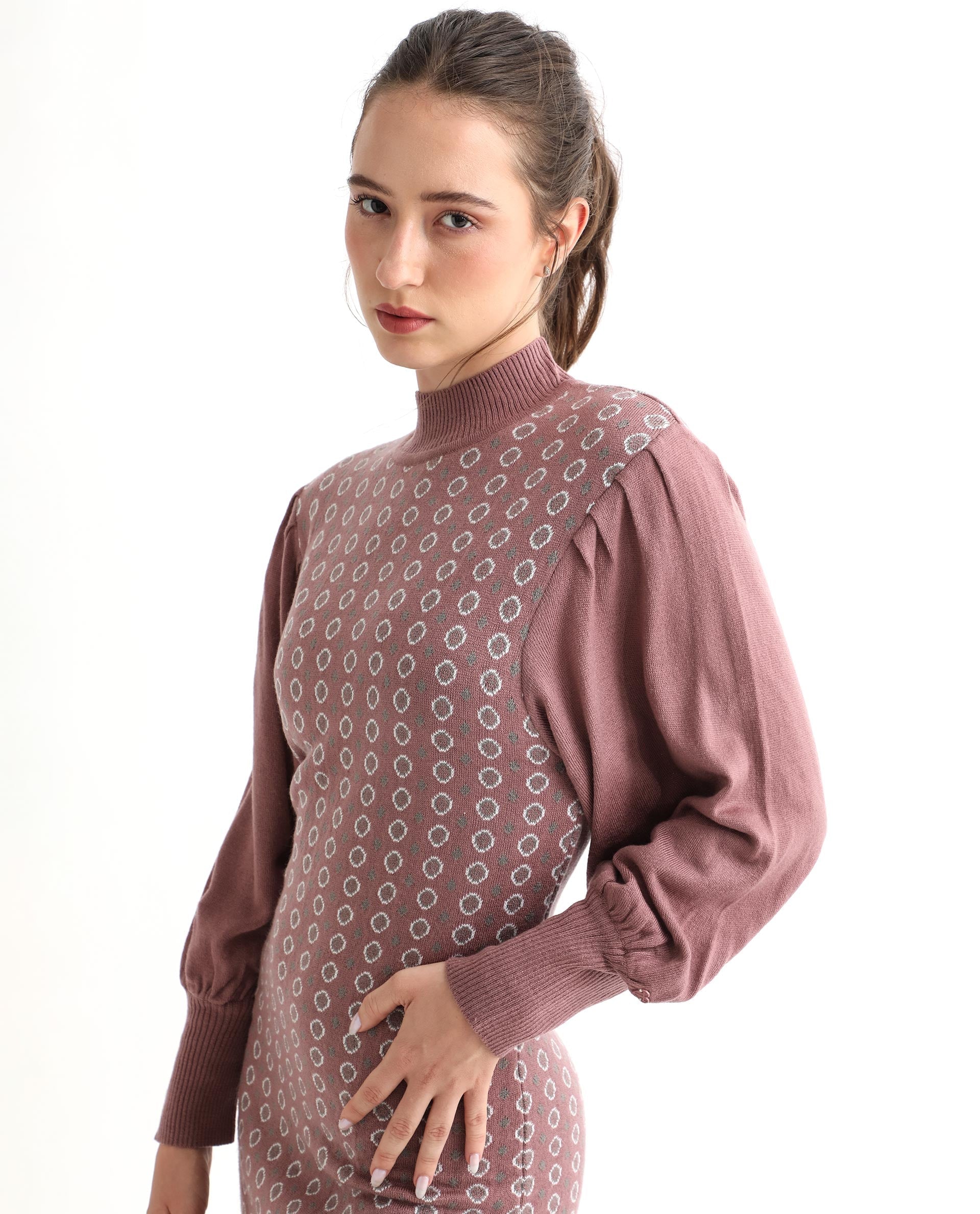 Rareism Women's Web Pink Acrylic High Neck Geometric Print Bishop Sleeve Knee Length Regular Fit Sweater