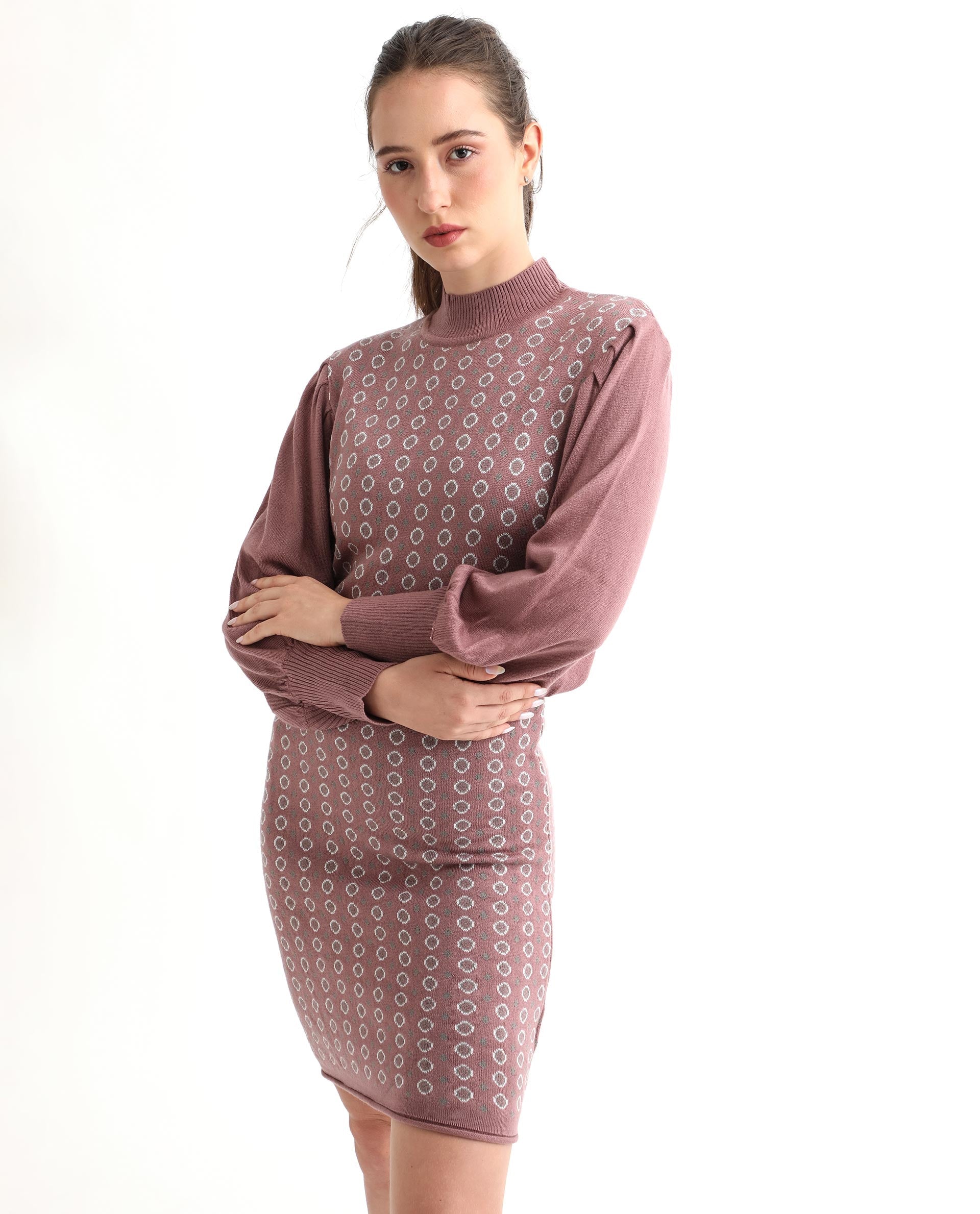 Rareism Women Web Pink Acrylic Fabric Full Sleeves Knee Length Regular Fit Geometric Print High Neck Sweater