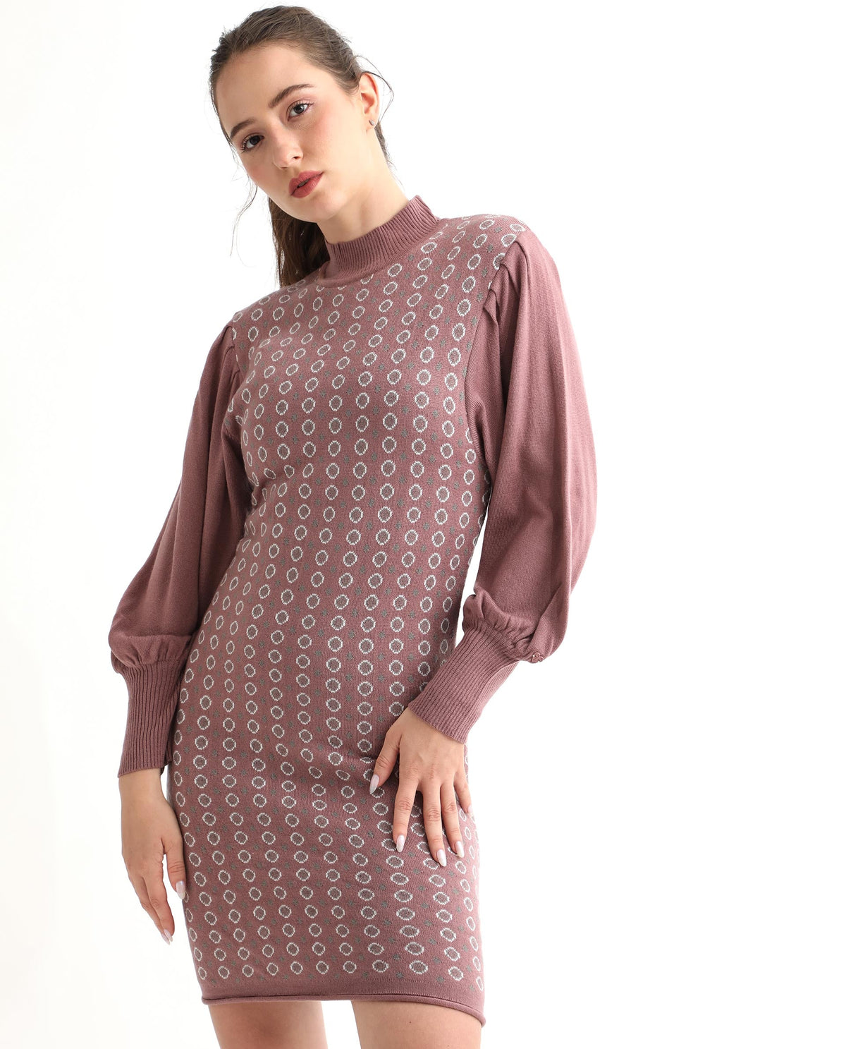 Rareism Women Web Pink Acrylic Fabric Full Sleeves Knee Length Regular Fit Geometric Print High Neck Sweater