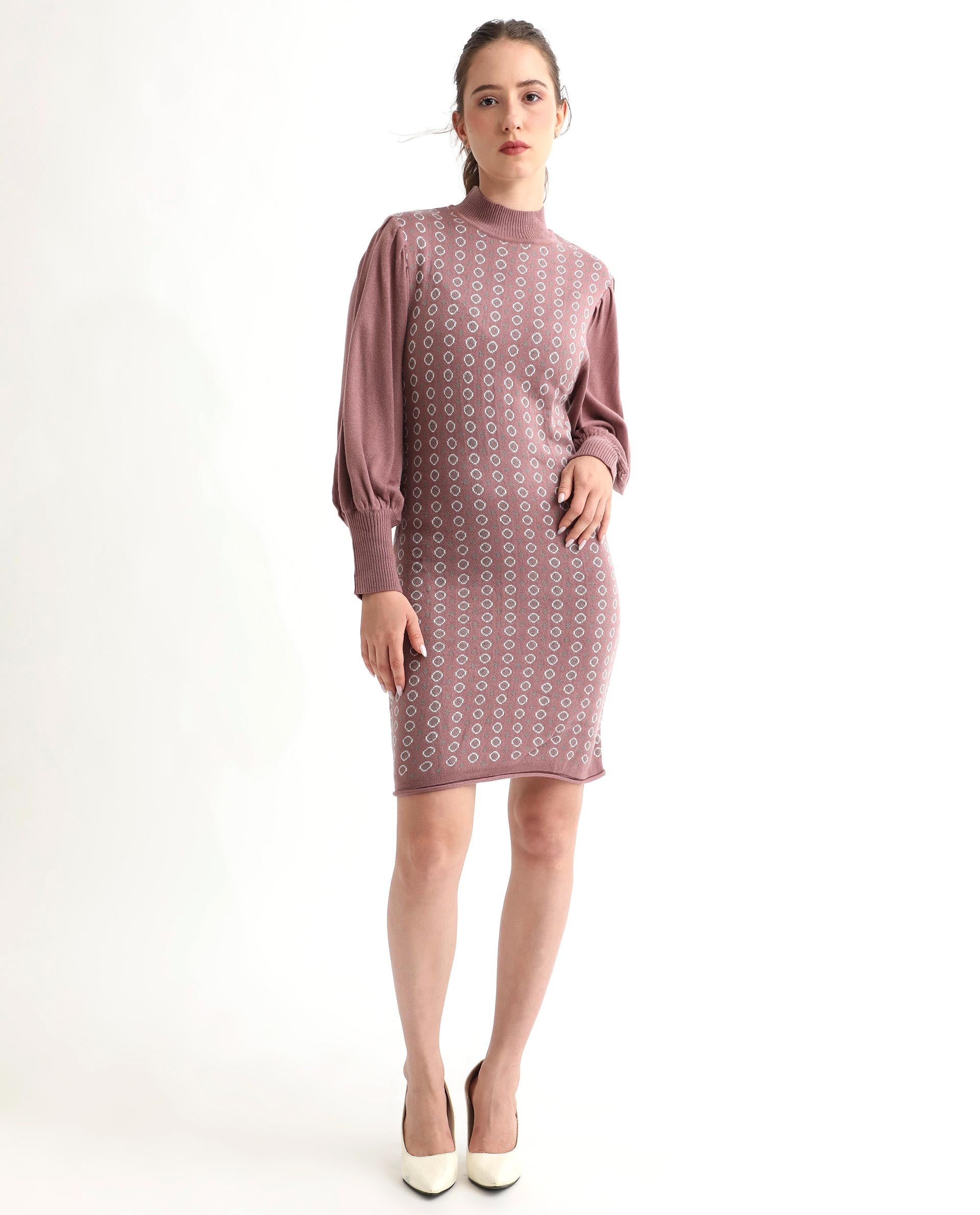 Rareism Women's Web Pink Acrylic High Neck Geometric Print Bishop Sleeve Knee Length Regular Fit Sweater
