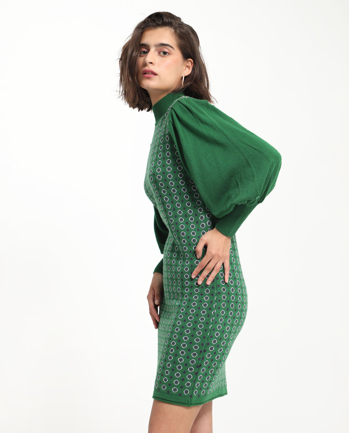 Rareism Women Web 2 Green Acrylic Fabric Full Sleeves High Neck Bishop Sleeve Regular Fit Geometric Print Knee Length Sweater