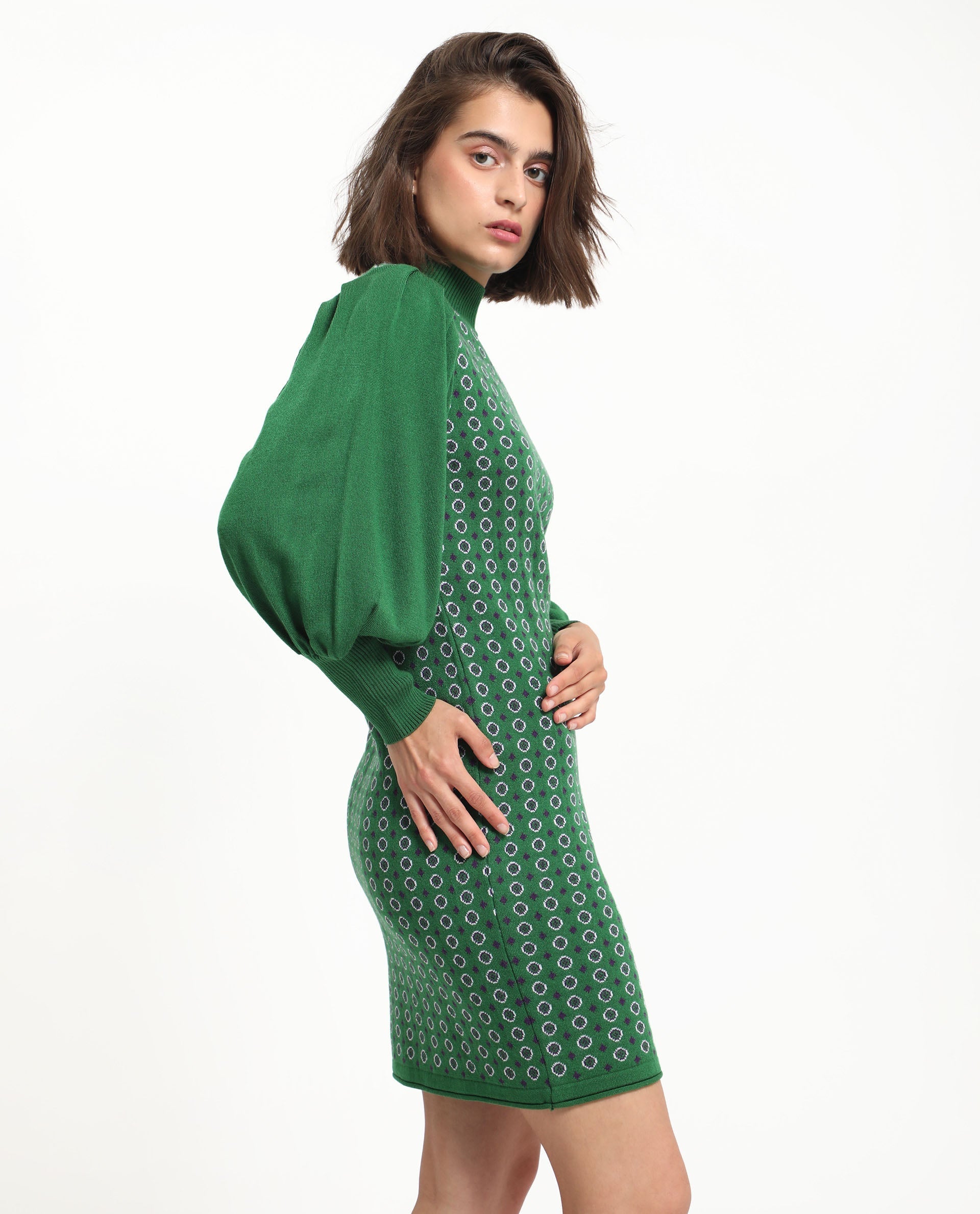 Rareism Women's Web 2 Green Acrylic High Neck Geometric Print Bishop Sleeve Knee Length Regular Fit Sweater