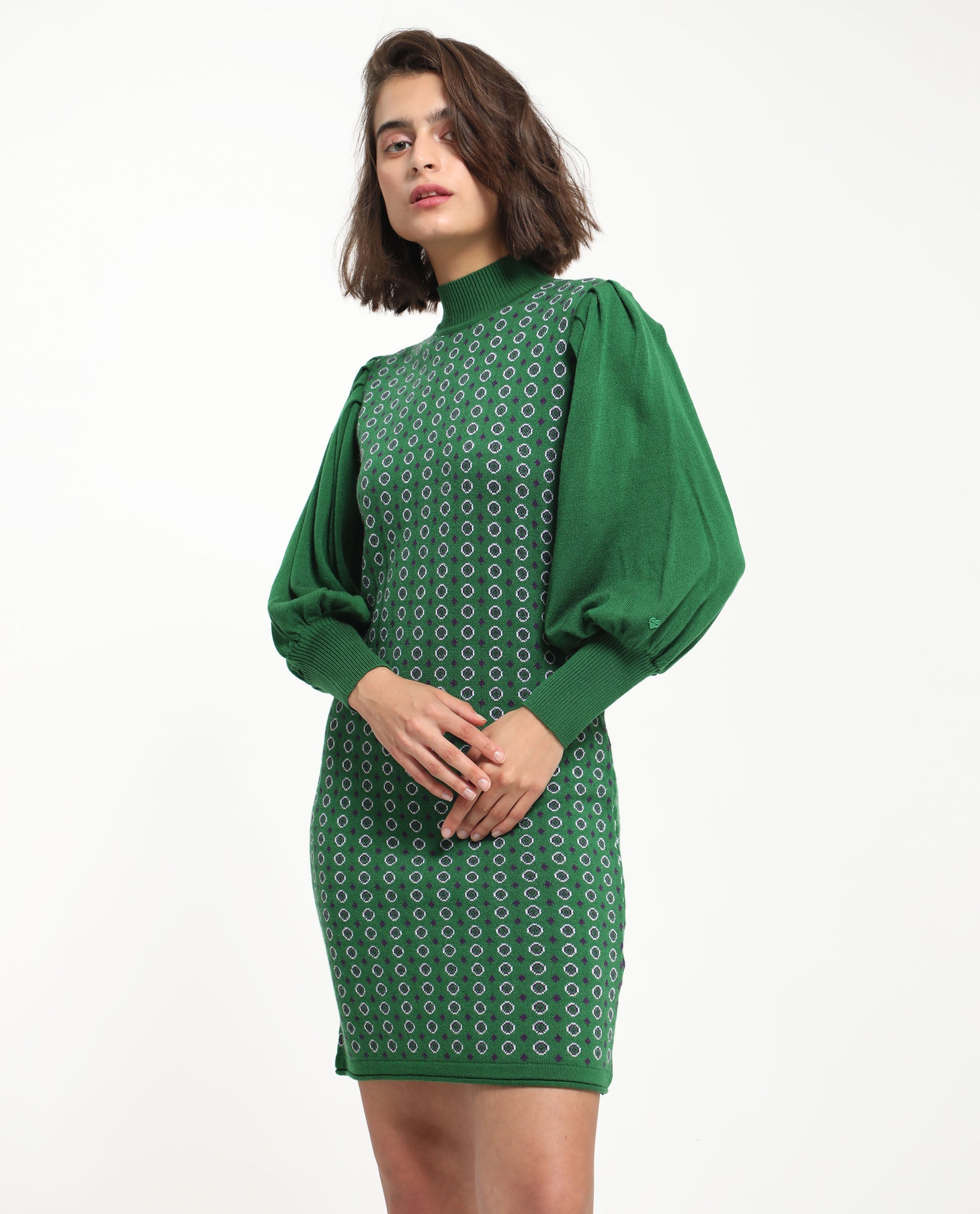 Rareism Women's Web 2 Green Acrylic High Neck Geometric Print Bishop Sleeve Knee Length Regular Fit Sweater