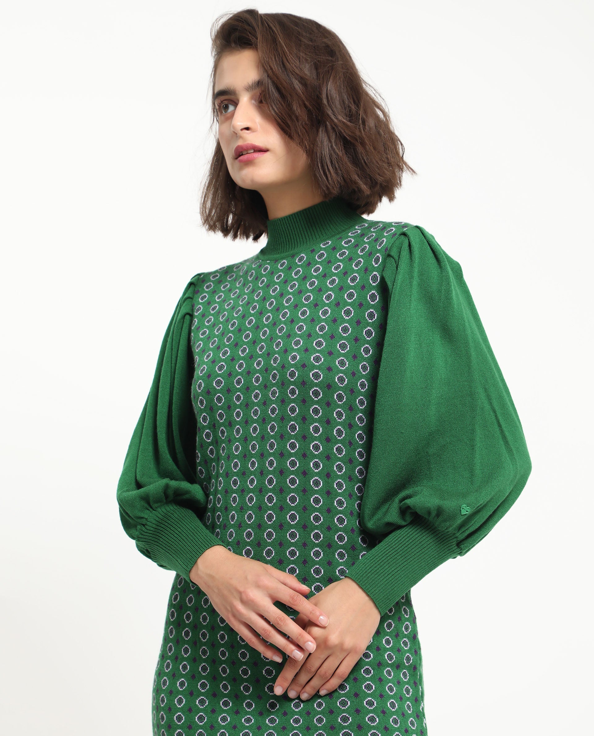 Rareism Women's Web 2 Green Acrylic High Neck Geometric Print Bishop Sleeve Knee Length Regular Fit Sweater