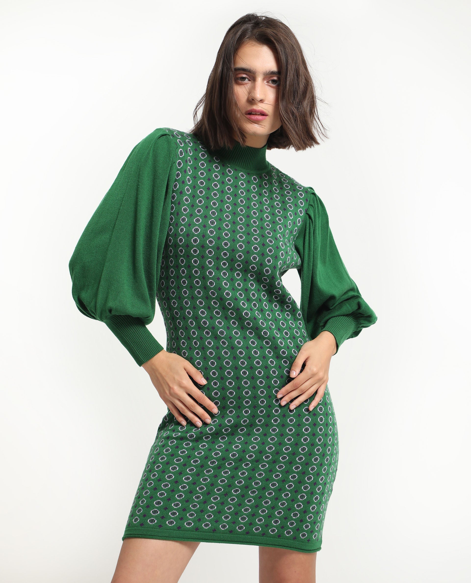 Rareism Women's Web 2 Green Acrylic High Neck Geometric Print Bishop Sleeve Knee Length Regular Fit Sweater