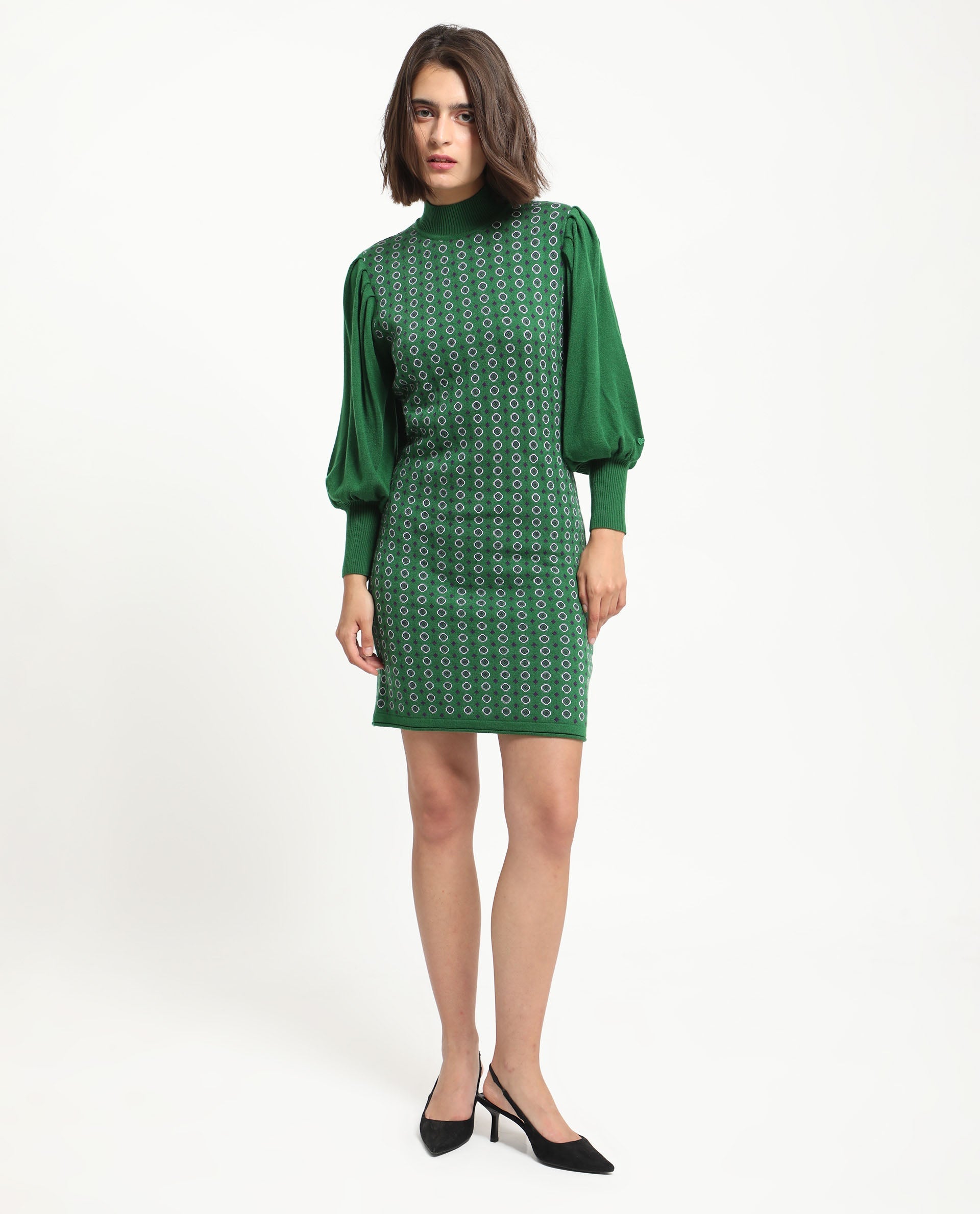 Rareism Women's Web 2 Green Acrylic High Neck Geometric Print Bishop Sleeve Knee Length Regular Fit Sweater