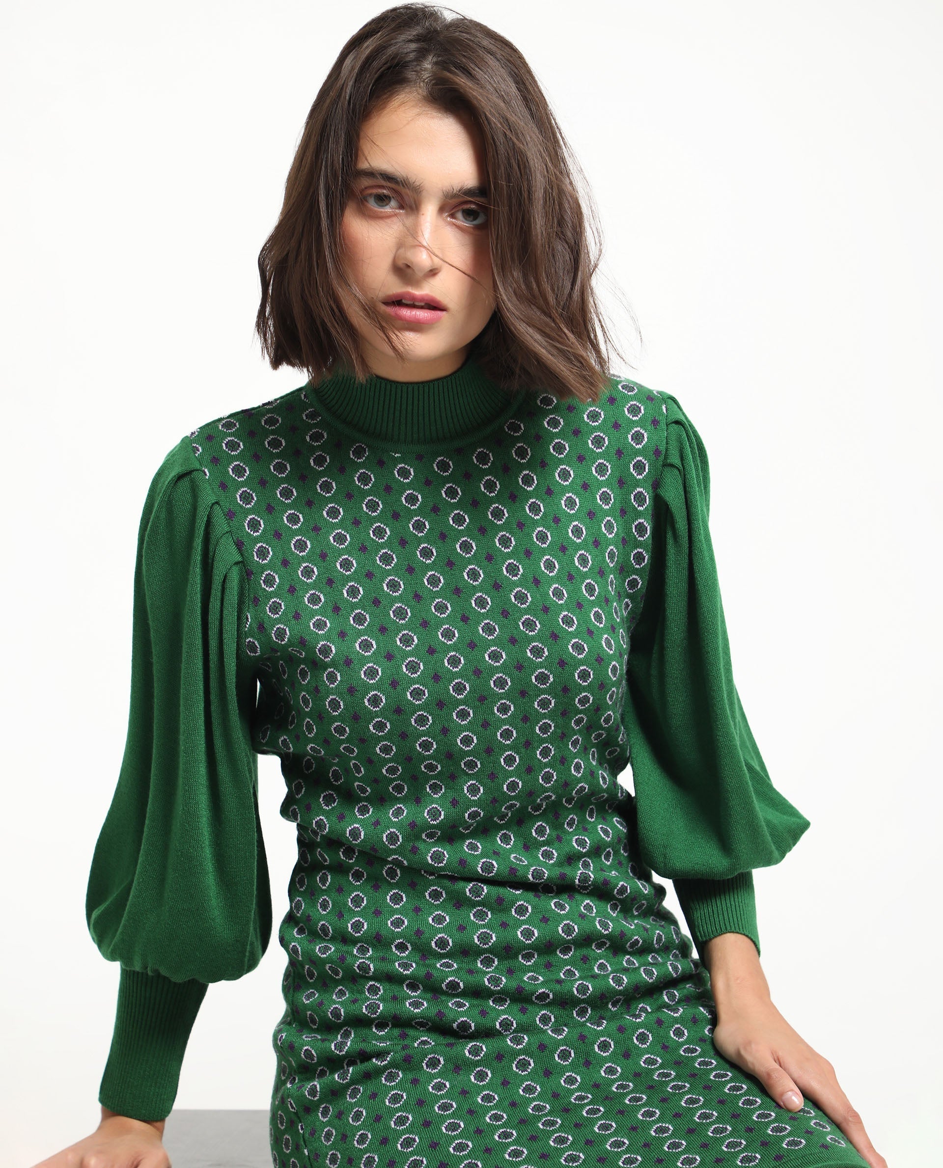 Rareism Women's Web 2 Green Acrylic High Neck Geometric Print Bishop Sleeve Knee Length Regular Fit Sweater