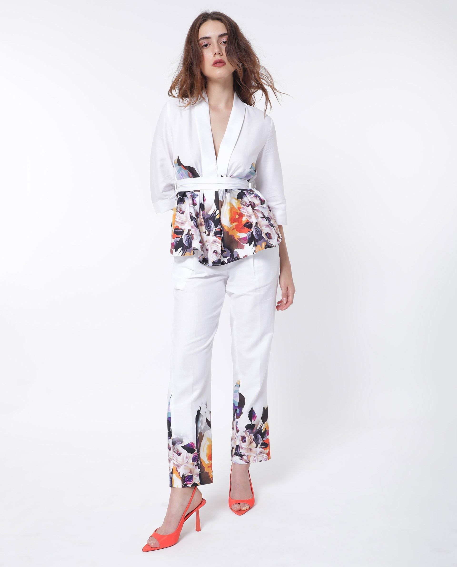 Rareism Women Wangen White Cotton Fabric 3/4Th Sleeves Tie-Up Closure Relaxed Fit Floral Print Shrug