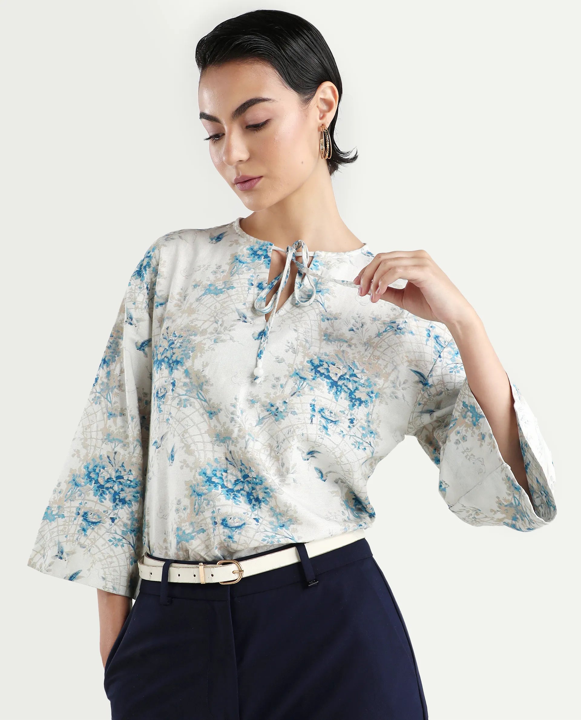 Rareism Women's Wemiso Dusky Blue Cotton Blend Tie-Up Neck Floral Print Bell Sleeve Regular Fit Top