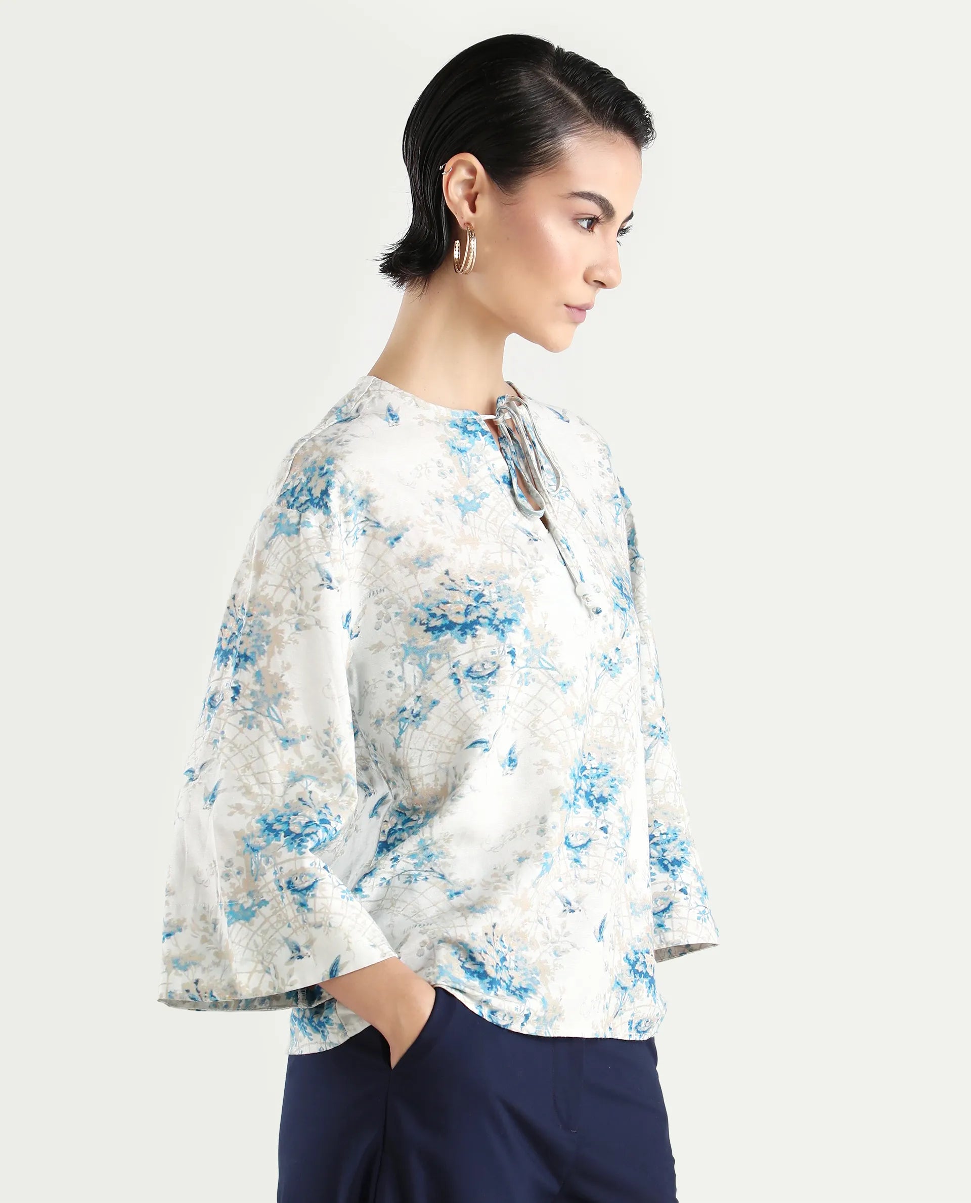 Rareism Women's Wemiso Dusky Blue Cotton Blend Tie-Up Neck Floral Print Bell Sleeve Regular Fit Top