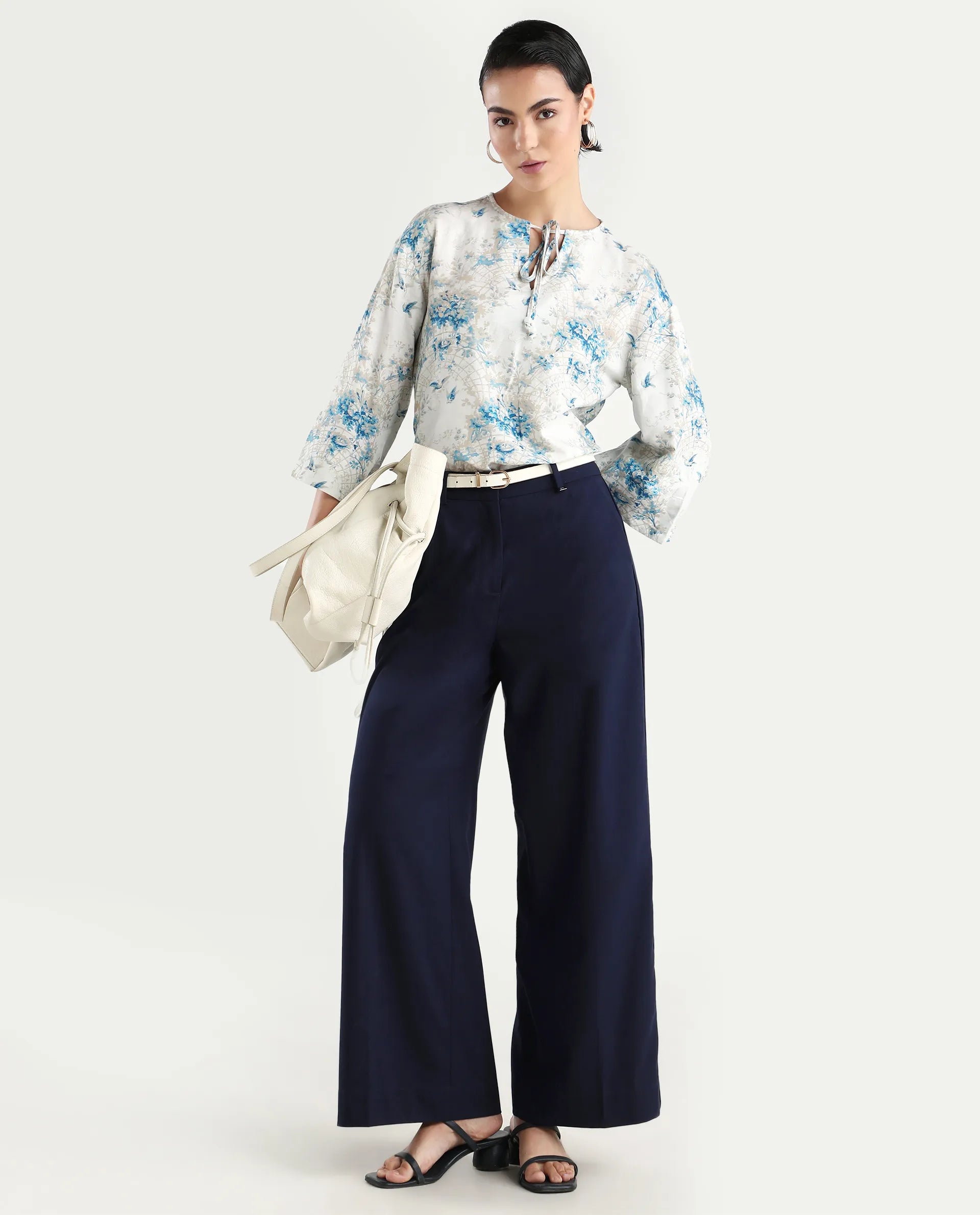 Rareism Women's Wemiso Dusky Blue Cotton Blend Tie-Up Neck Floral Print Bell Sleeve Regular Fit Top