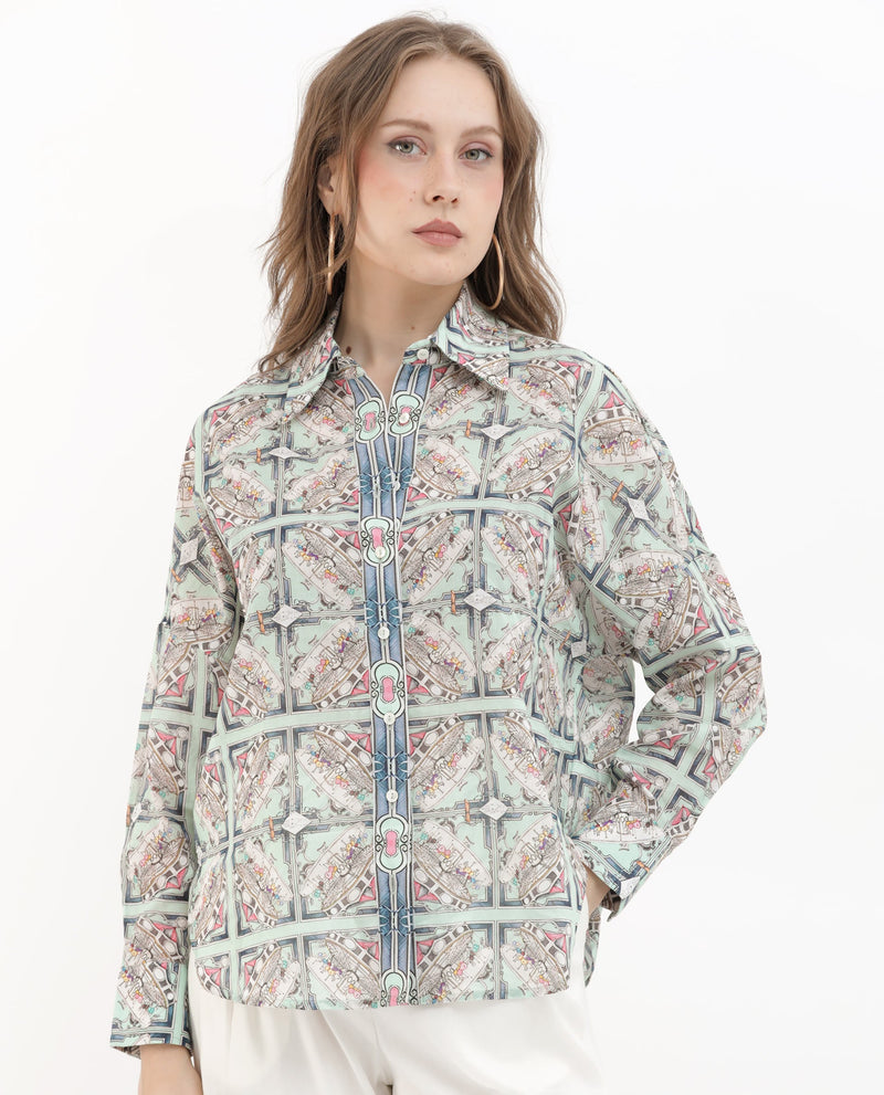 Rareism Women Westwick Pastel Green Cotton Fabric Full Sleeves Button Closure Collared Neck Cuffed Sleeve Relaxed Fit Abstract Print Top