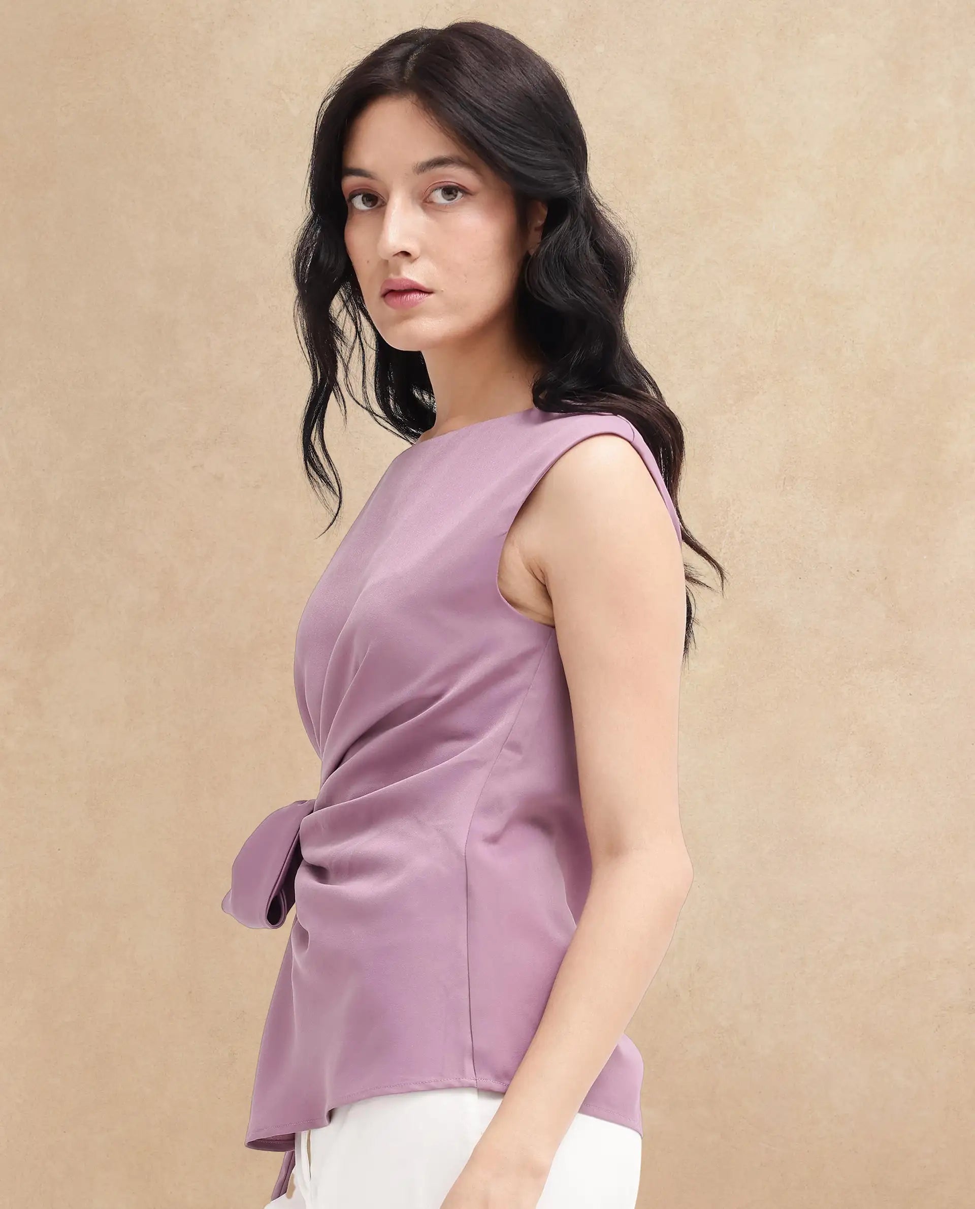 Rareism Women's Wevillet Pastel Purple Satin Boat Neck Plain Sleeveless Regular Fit Top