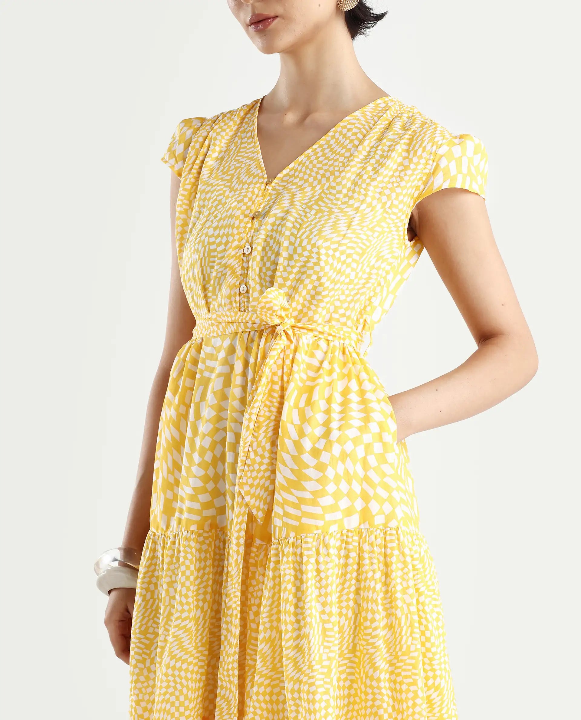 Rareism Women's Whitney Yellow Cotton V-Neck Geometric Print Cape Sleeve Knee Length Regular Fit Dress