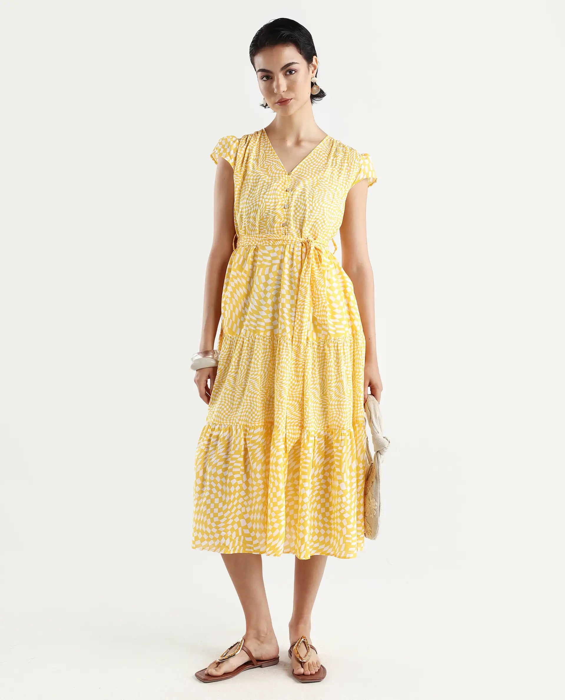 Rareism Women's Whitney Yellow Cotton V-Neck Geometric Print Cape Sleeve Knee Length Regular Fit Dress