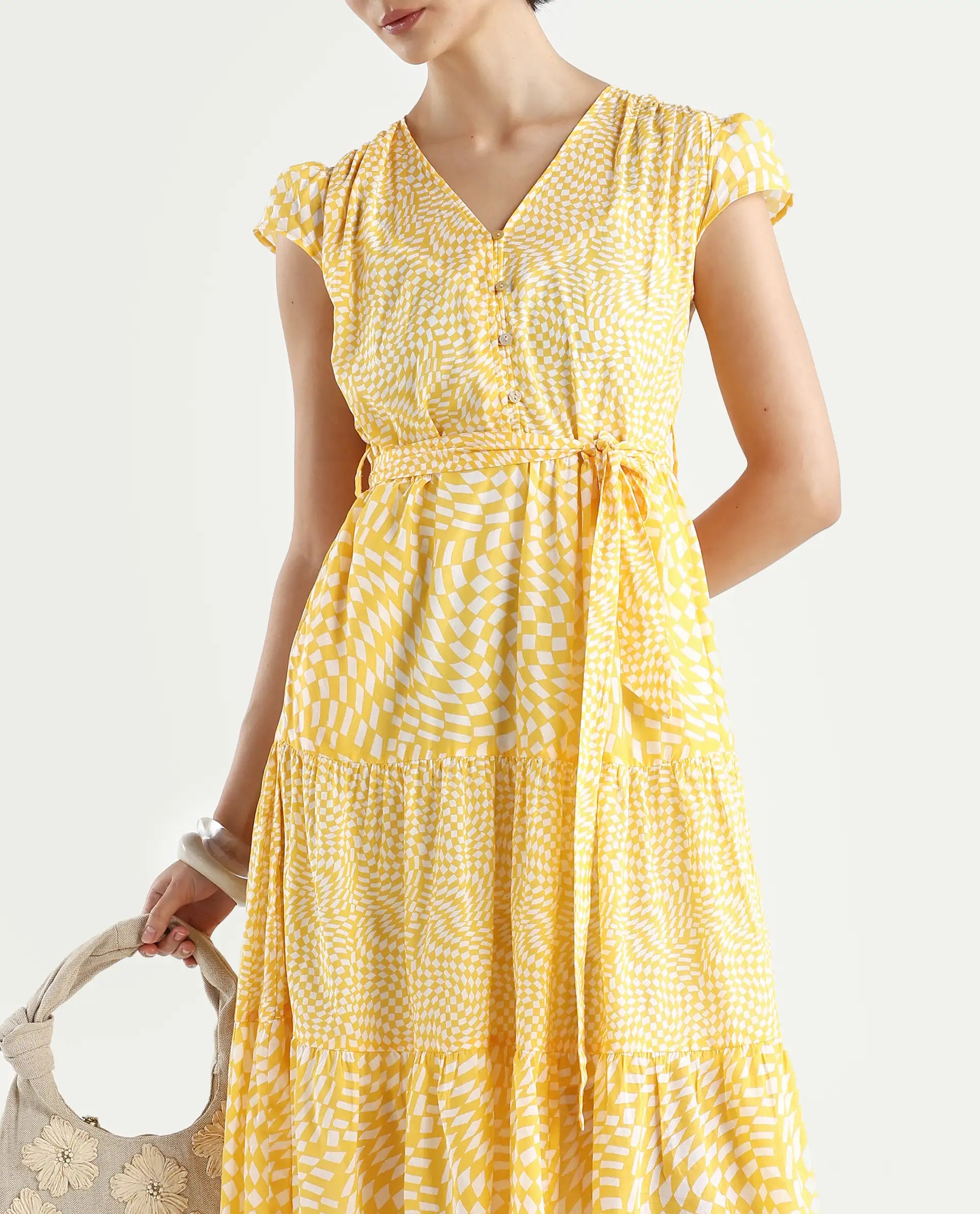 Rareism Women's Whitney Yellow Cotton V-Neck Geometric Print Cape Sleeve Knee Length Regular Fit Dress