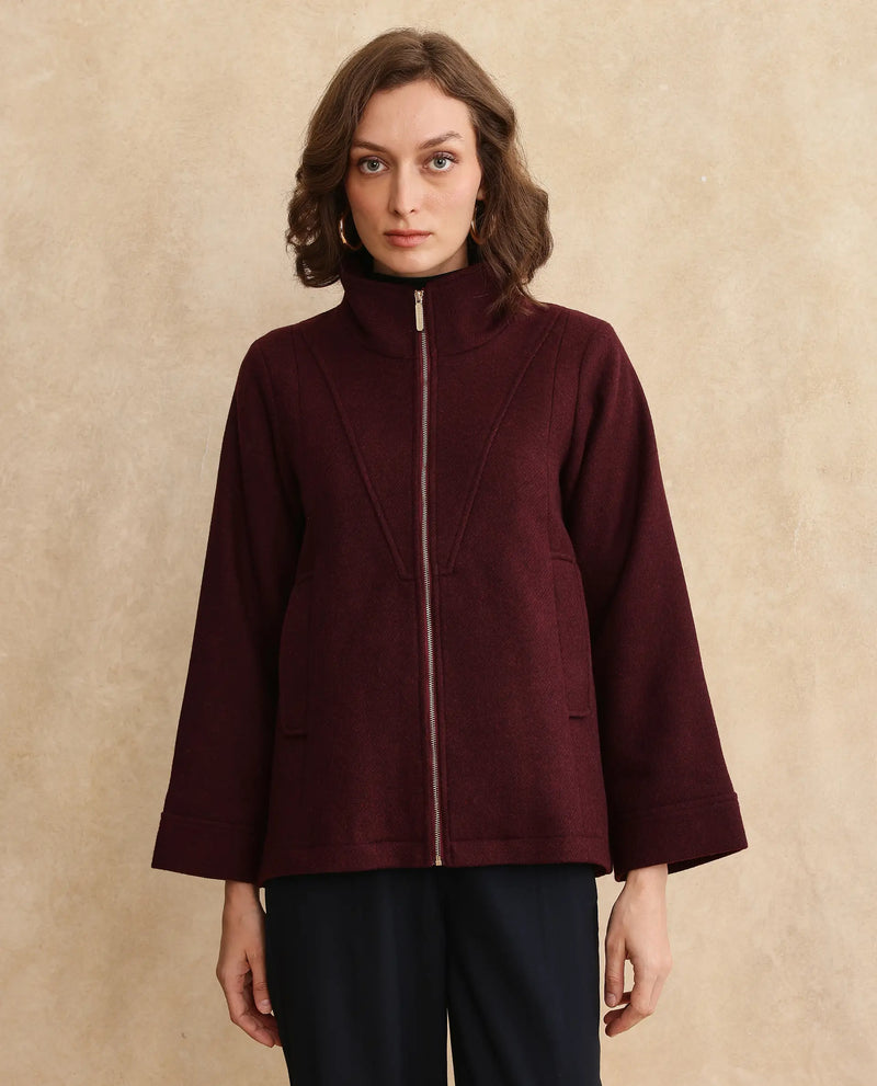 Rareism Women Whyla Dark Maroon Raglan Sleeves Stand Collar Zipper Closure Boxy Fit Plain Jacket