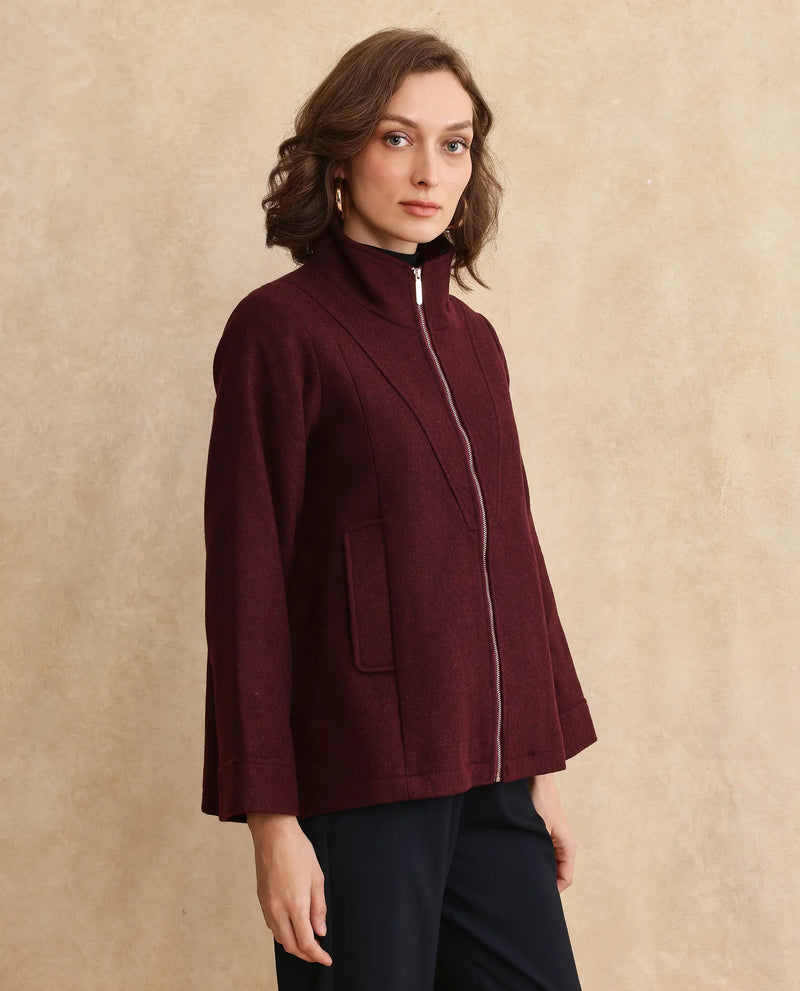 Rareism Women Whyla Dark Maroon Raglan Sleeves Stand Collar Zipper Closure Boxy Fit Plain Jacket