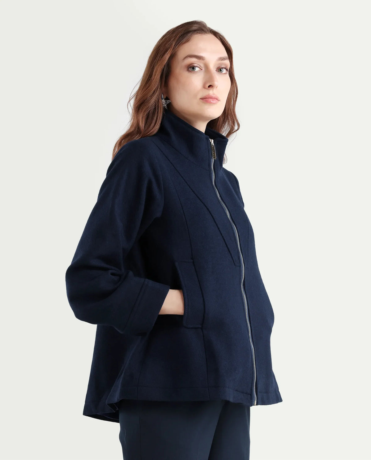 Rareism Women's Whyla Navy Stand Collar Plain Raglan Sleeve Boxy Fit Jacket