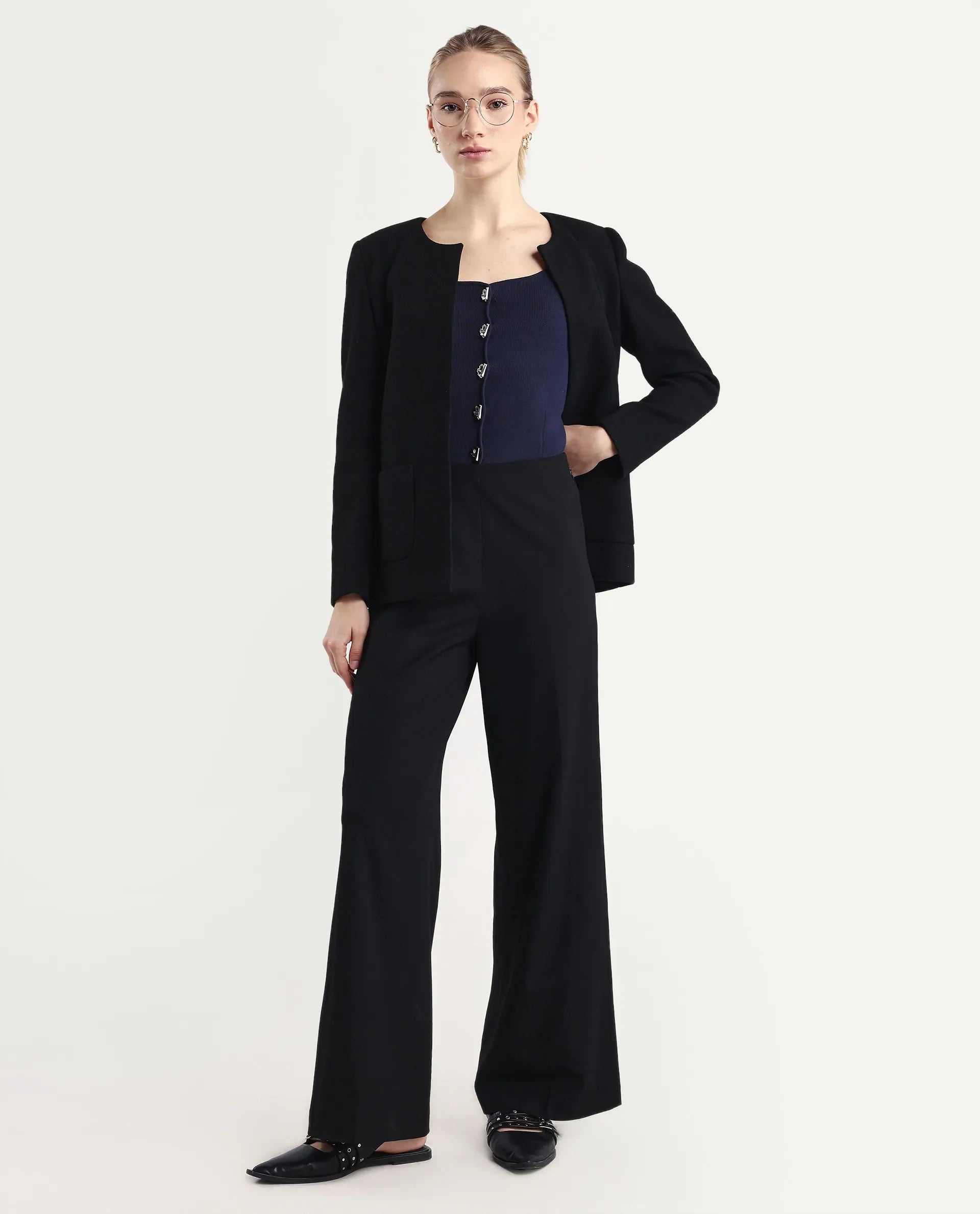 Rareism Women Wido Black Polyester Blend Button Closure Wide Leg Fit Plain Travel Trouser