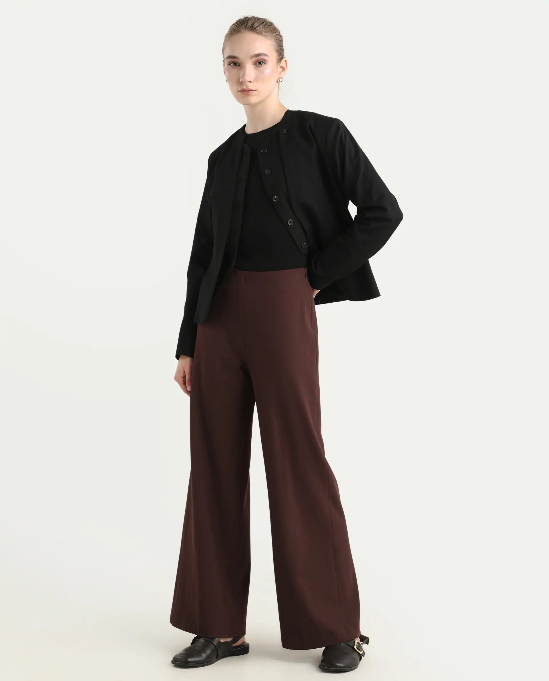 Rareism Women Wido Deep Red Polyester Blend Button Closure Wide Leg Fit Plain Travel Trouser