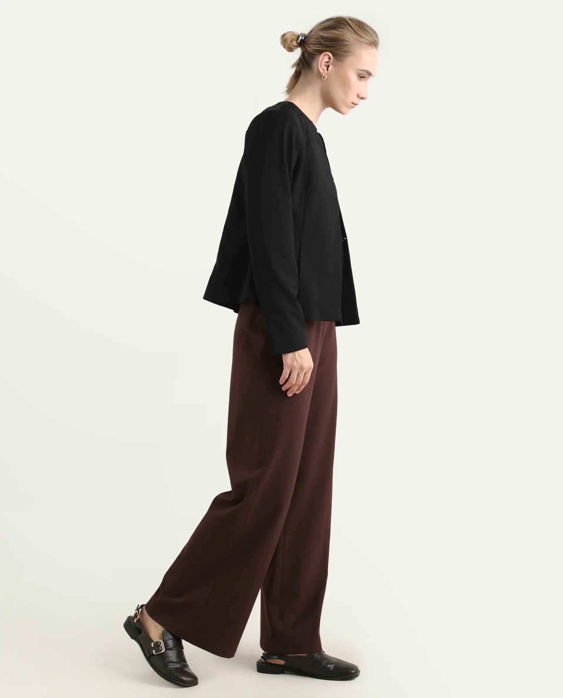 Rareism Women Wido Deep Red Polyester Blend Button Closure Wide Leg Fit Plain Travel Trouser