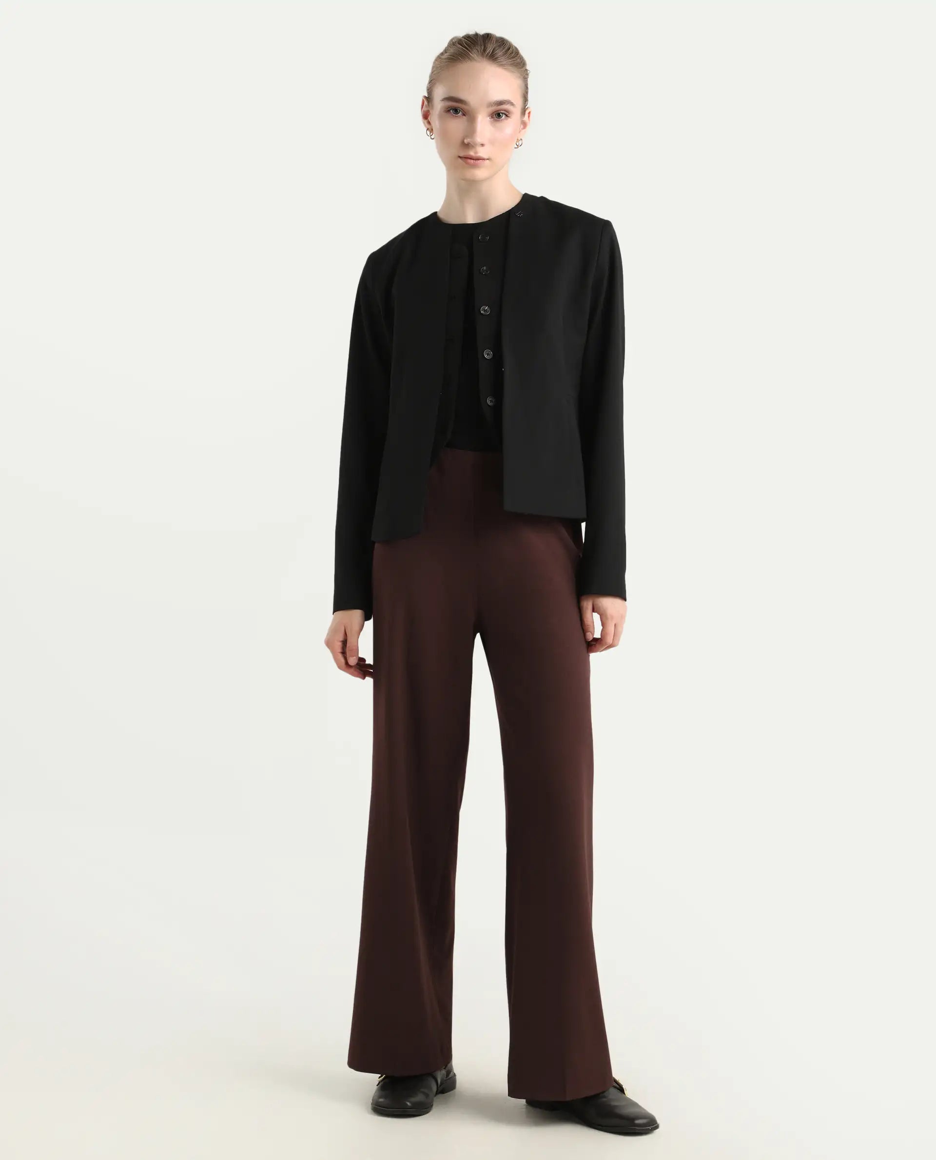 Rareism Women Wido Deep Red Polyester Blend Button Closure Wide Leg Fit Plain Travel Trouser