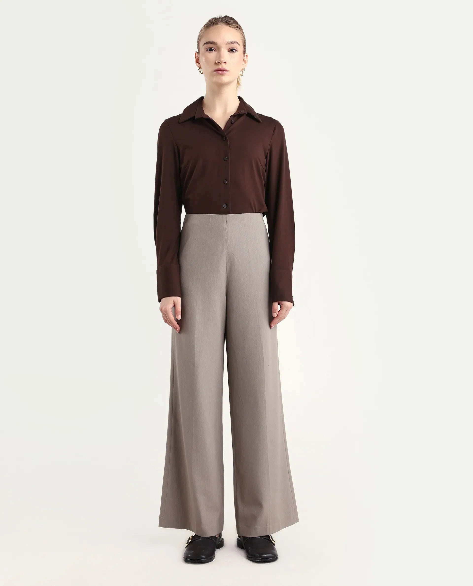 Rareism Women Wido Fawn Polyester Blend Fabric Button Closure Wide Leg Fit Plain Travel Trouser