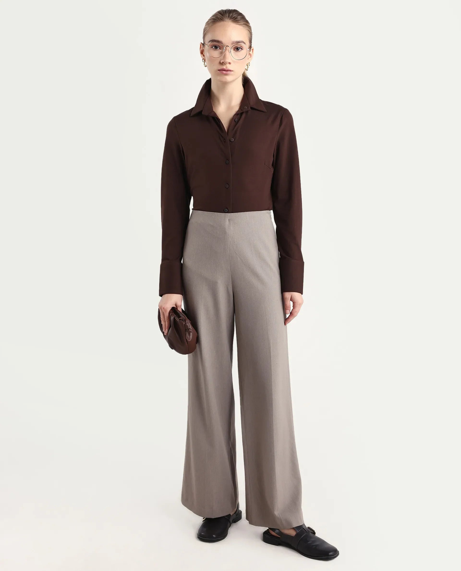 Rareism Women Wido Fawn Polyester Blend Fabric Button Closure Wide Leg Fit Plain Travel Trouser