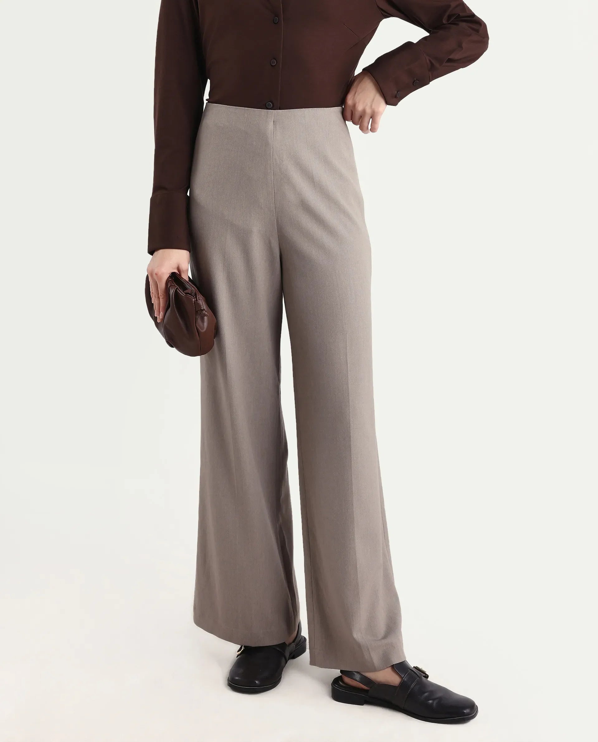 Rareism Women Wido Fawn Polyester Blend Fabric Button Closure Wide Leg Fit Plain Travel Trouser