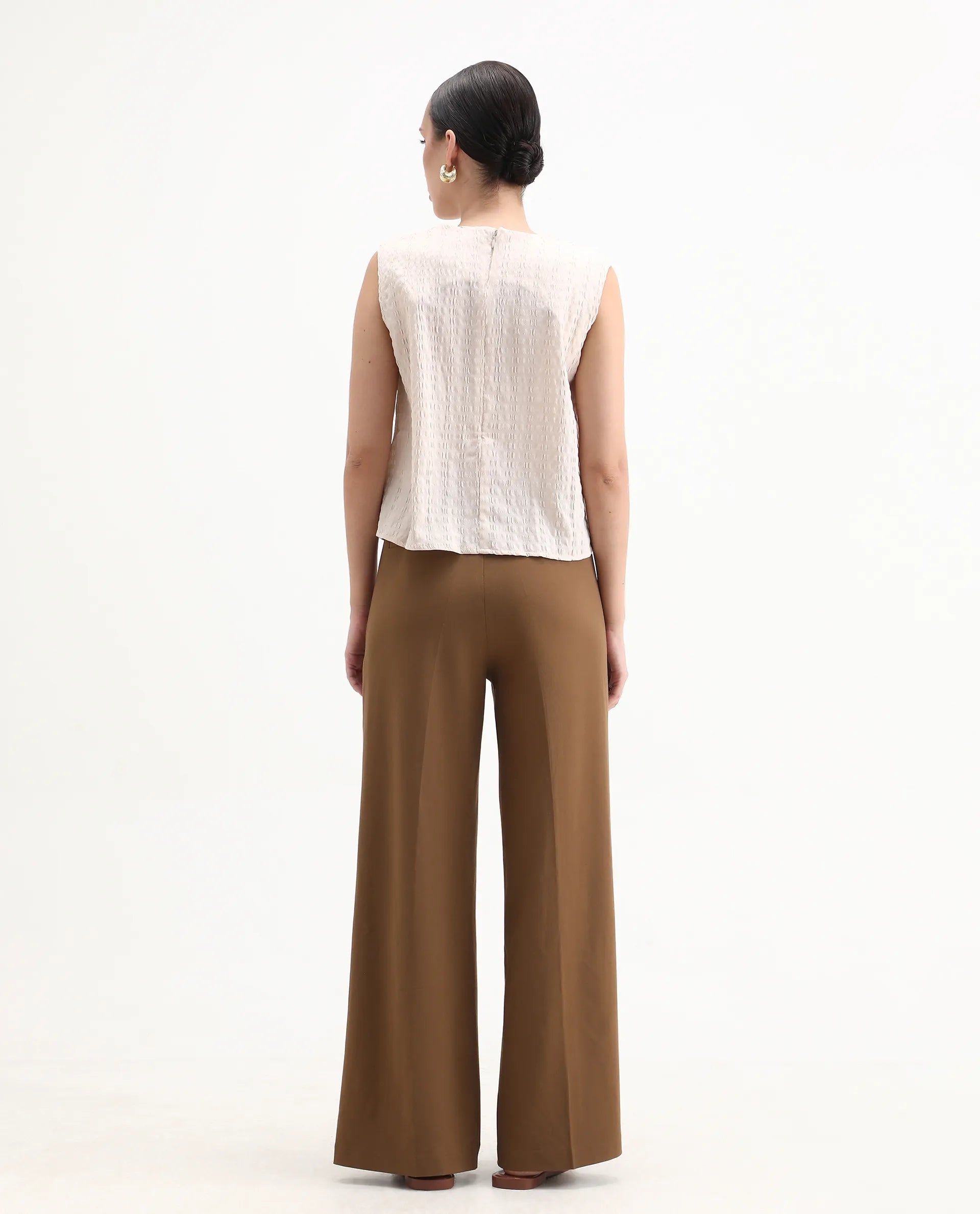 Rareism Women's Wido Light Brown Polyester Blend Wide Leg Plain Travel Trouser